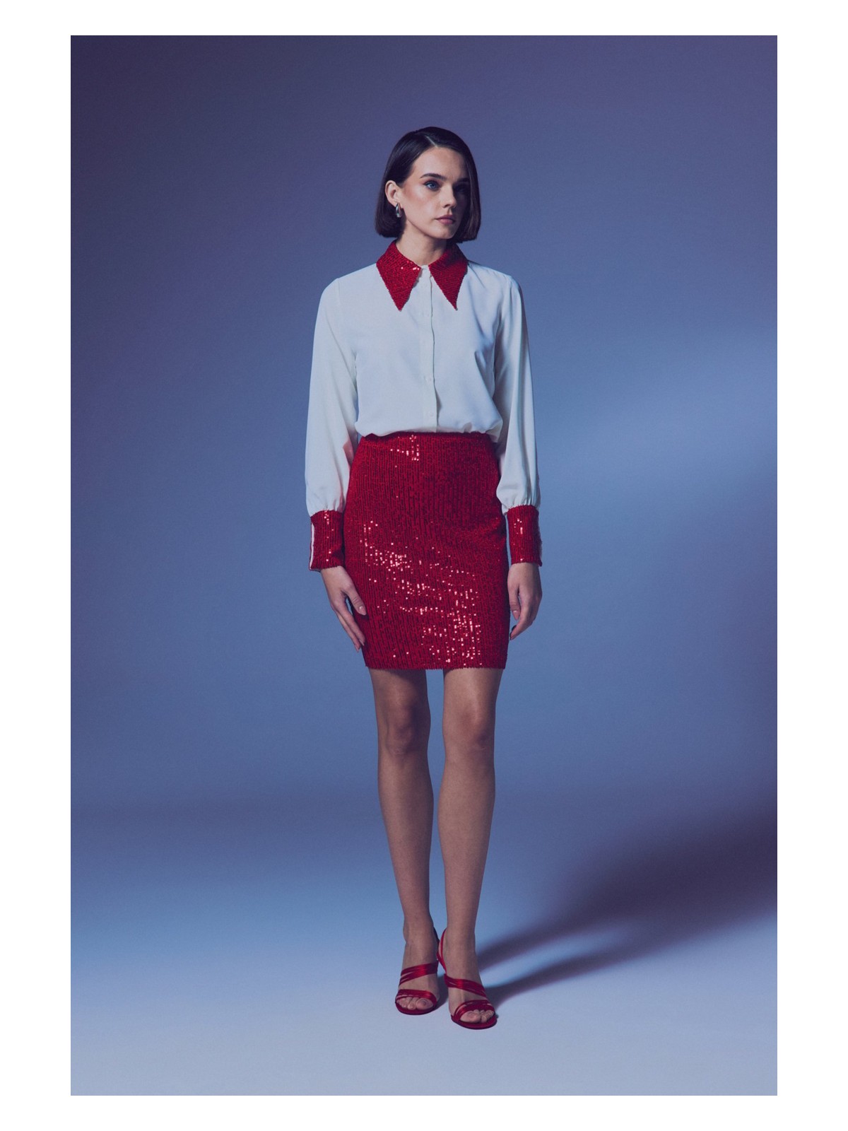 Sateen Payetli Mini Etek - Kırmızı