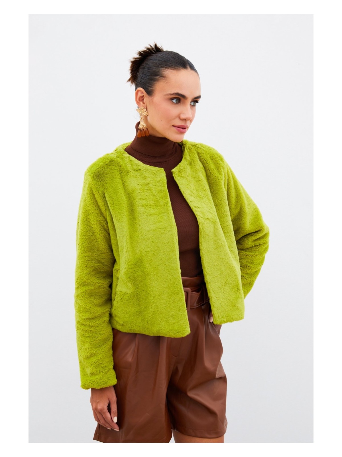 Sateen Yakasız Peluş Ceket - Ekru - Görsel 5