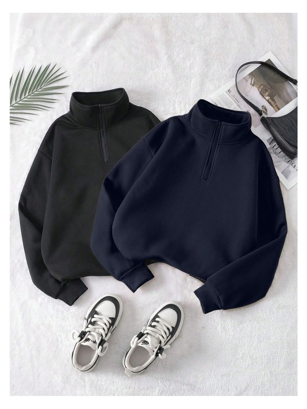 Trendseninle Kadın Vizon Siyah Oversize Yarım Fermuarlı 2li Sweatshirt Set - Görsel 3