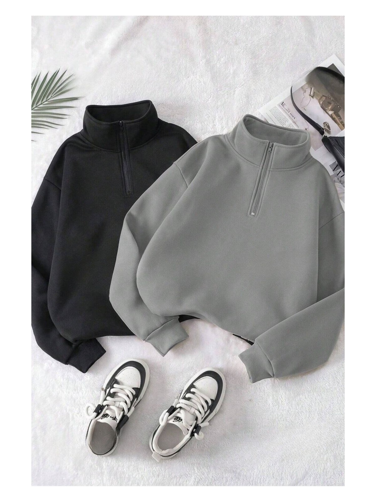 Trendseninle Kadın Vizon Siyah Oversize Yarım Fermuarlı 2li Sweatshirt Set - Görsel 4