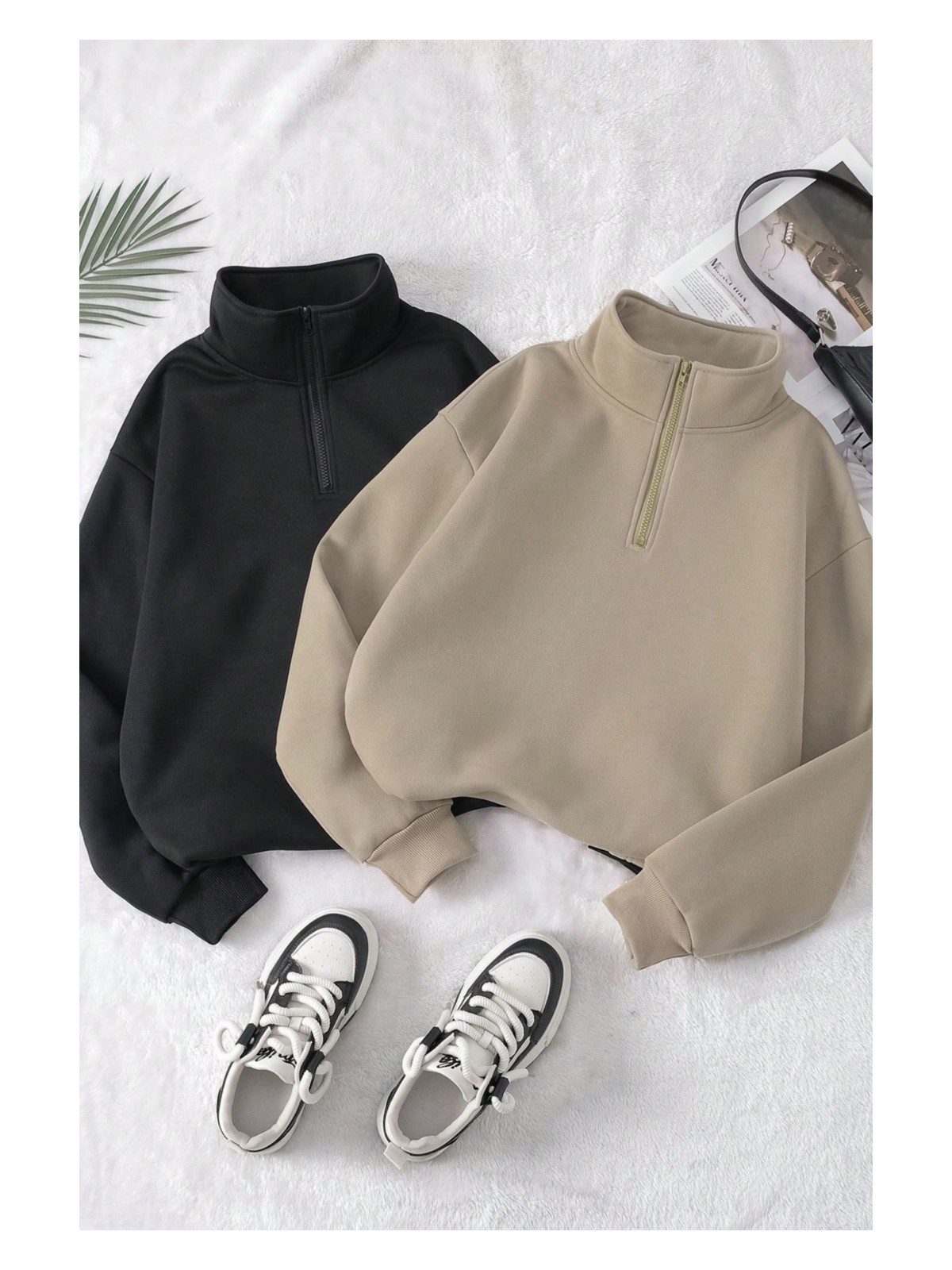Trendseninle Kadın Vizon Siyah Oversize Yarım Fermuarlı 2li Sweatshirt Set