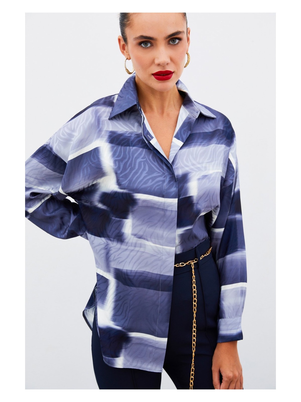 Sateen Desenli Uzun Gömlek - Siyah - Görsel 4