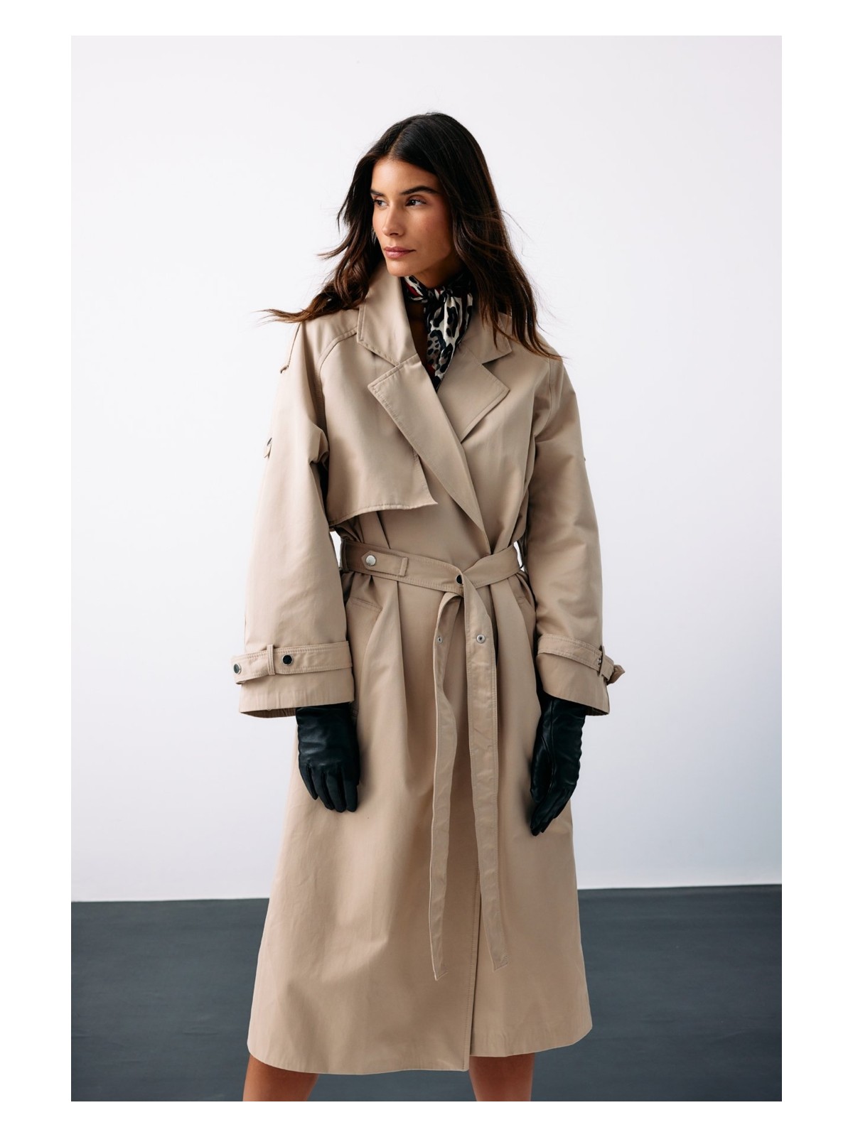 Sateen Kuşaklı Uzun Trençkot - Bej