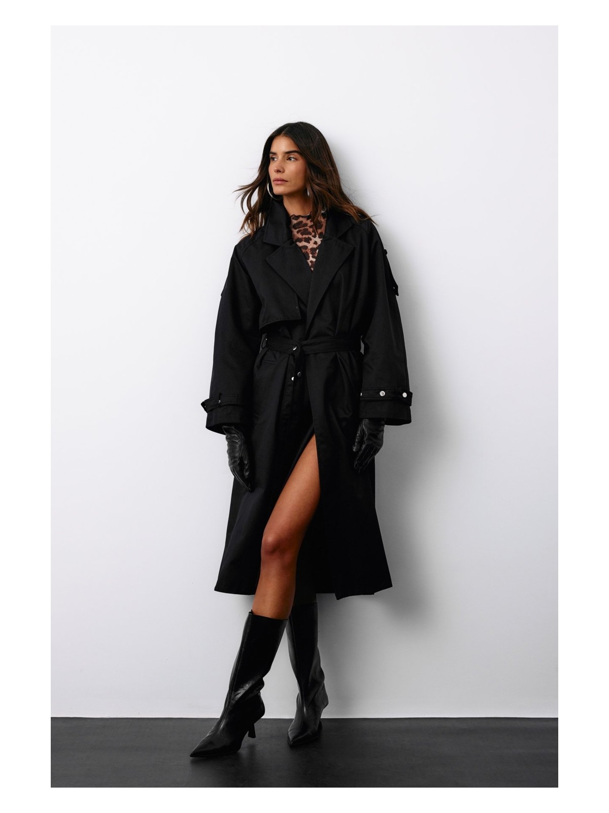 Sateen Kuşaklı Uzun Trençkot - Siyah
