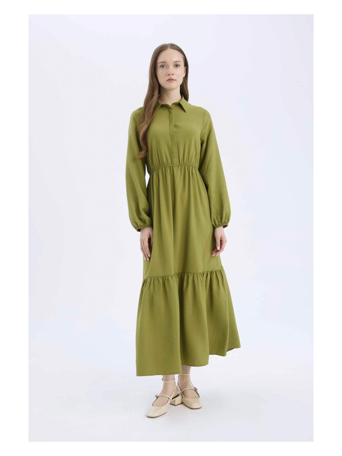 DeFacto Gömlek Yaka Basic Düz Düğmeli Beli Büzgülü Uzun Kollu Maxi Elbise D5851AX25SP - Görsel 5