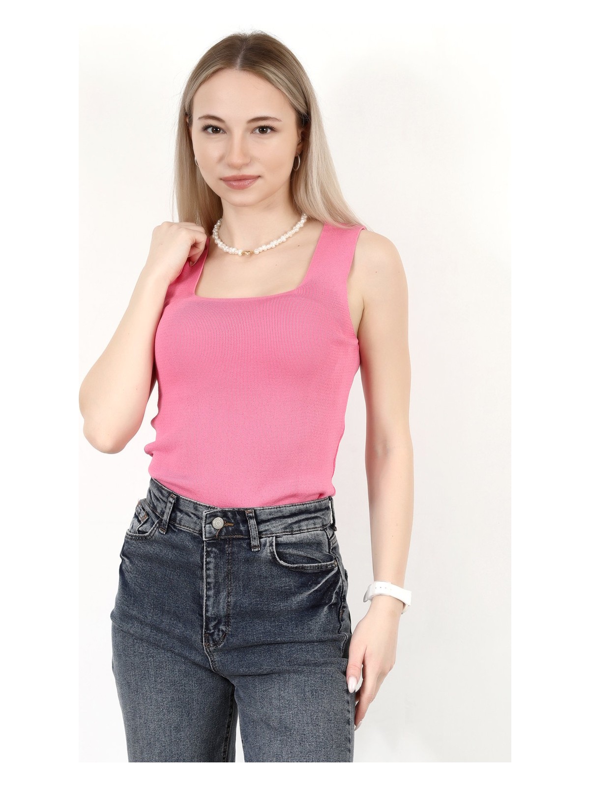 Giysa Kadın Kare Yaka Kalın Askılı Basic Triko Bluz Pembe - 2000