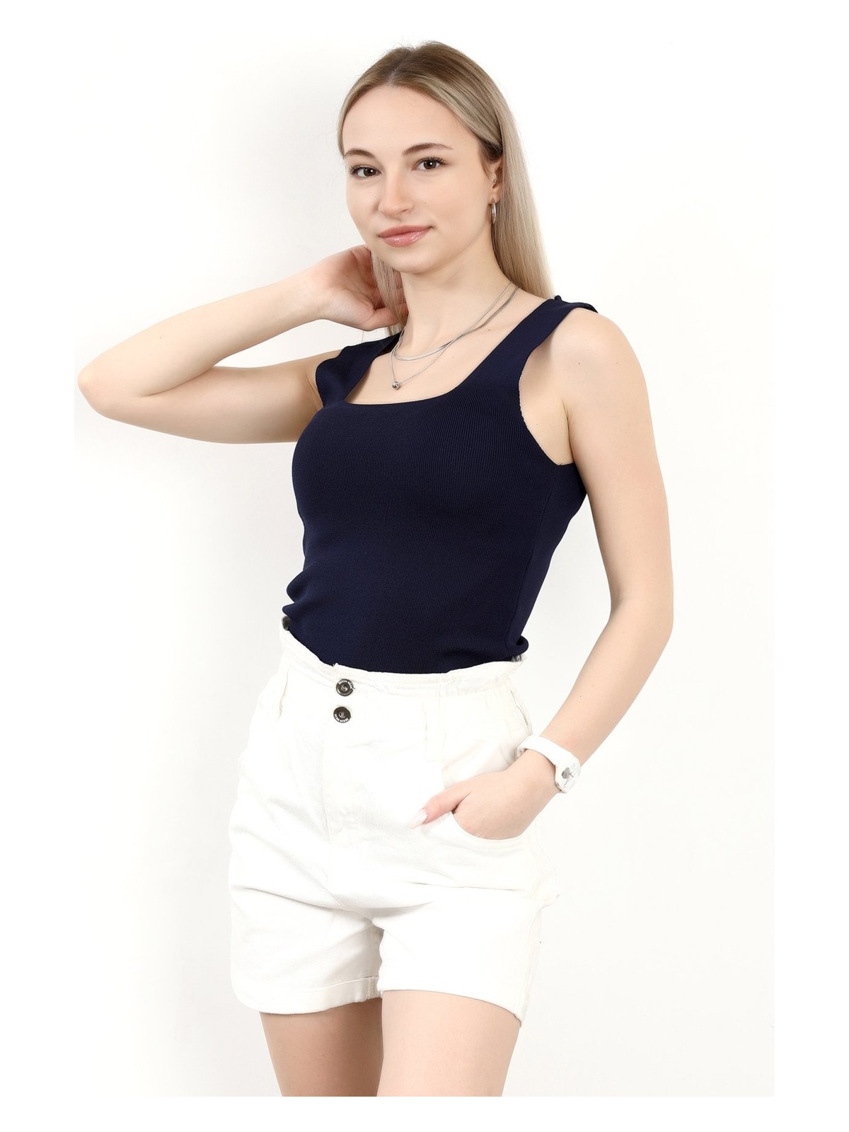 Giysa Kadın Kare Yaka Kalın Askılı Basic Triko Bluz Pembe - 2000 - Görsel 4