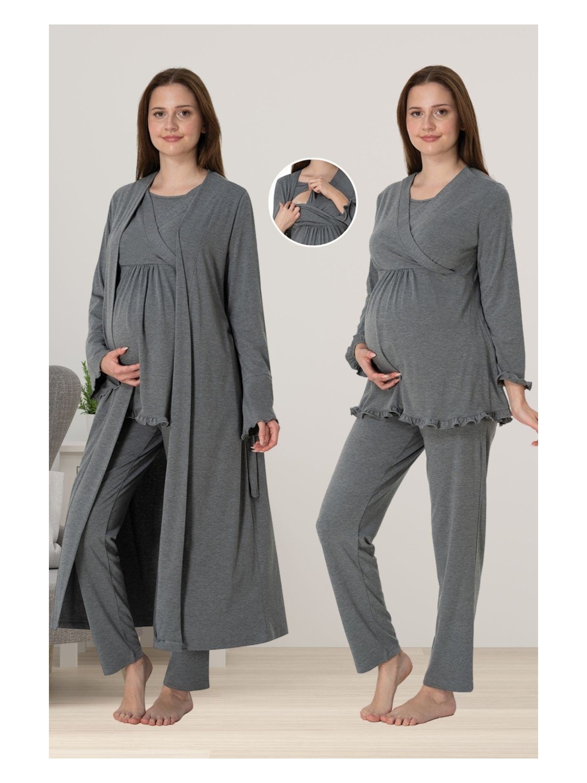 Effortt Bej Sabahlıklı Hamile Lohusa Pijama Takımı - Görsel 4