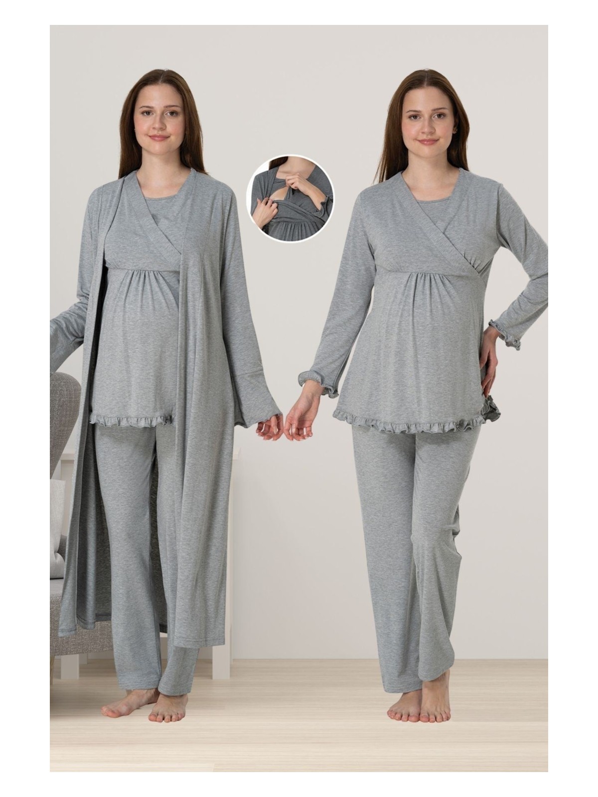 Effortt Gri Sabahlıklı Hamile Lohusa Pijama Takımı