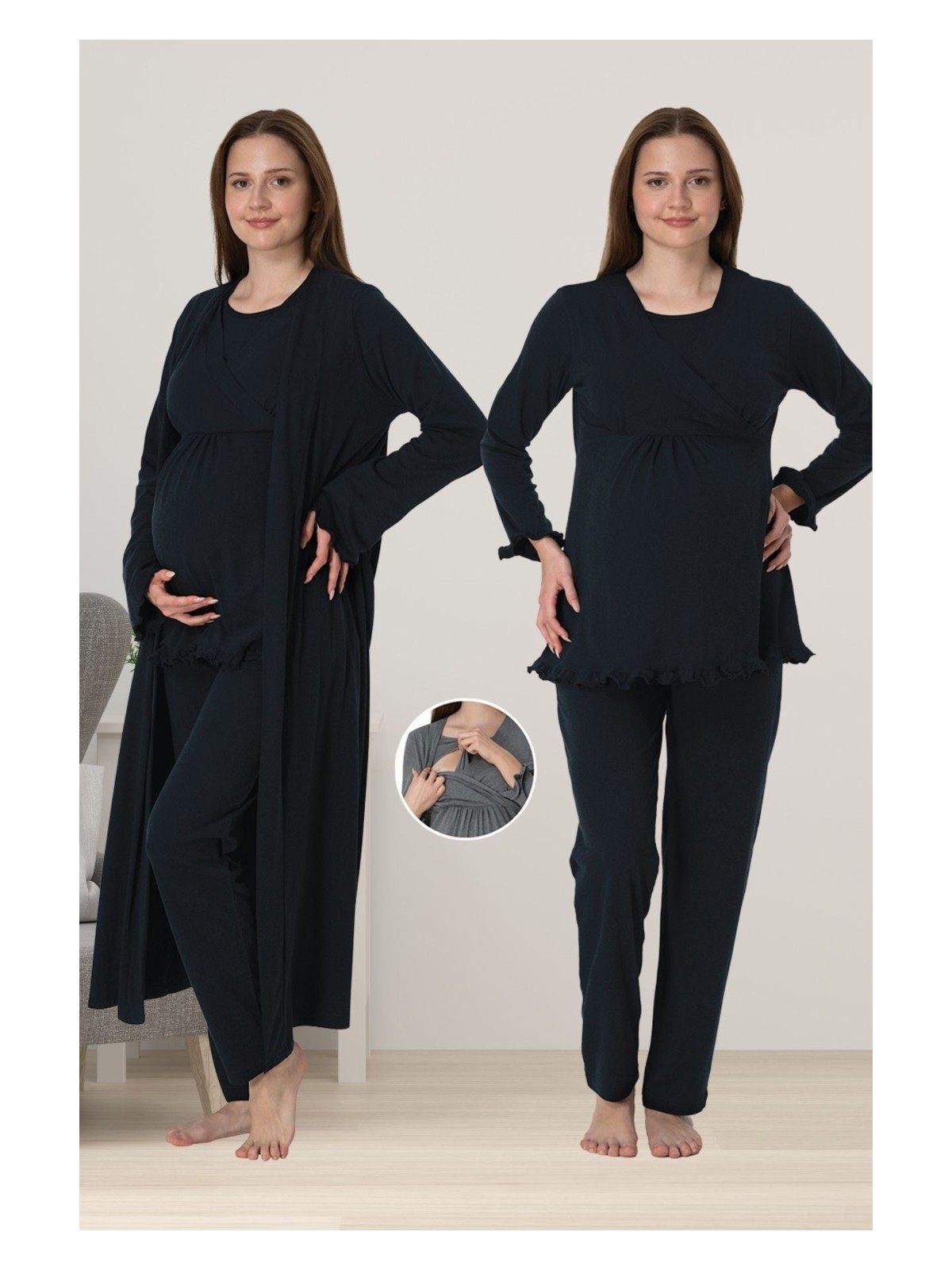 Effortt Bej Sabahlıklı Hamile Lohusa Pijama Takımı - Görsel 5