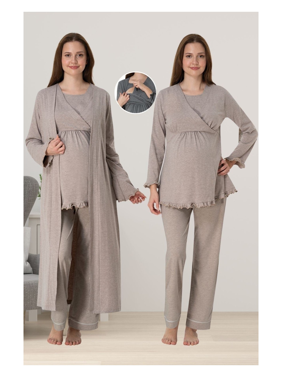 Effortt Gri Sabahlıklı Hamile Lohusa Pijama Takımı - Görsel 3