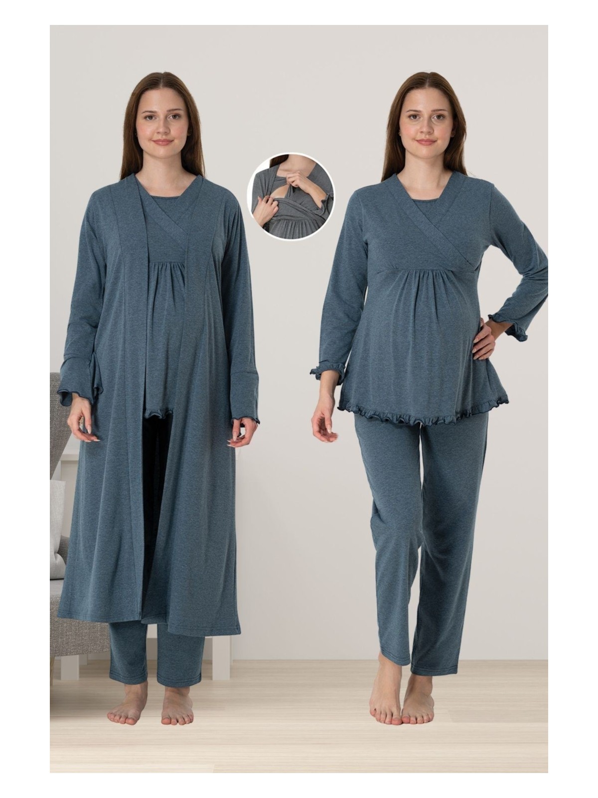 Effortt Antrasit Sabahlıklı Hamile Lohusa Pijama Takımı