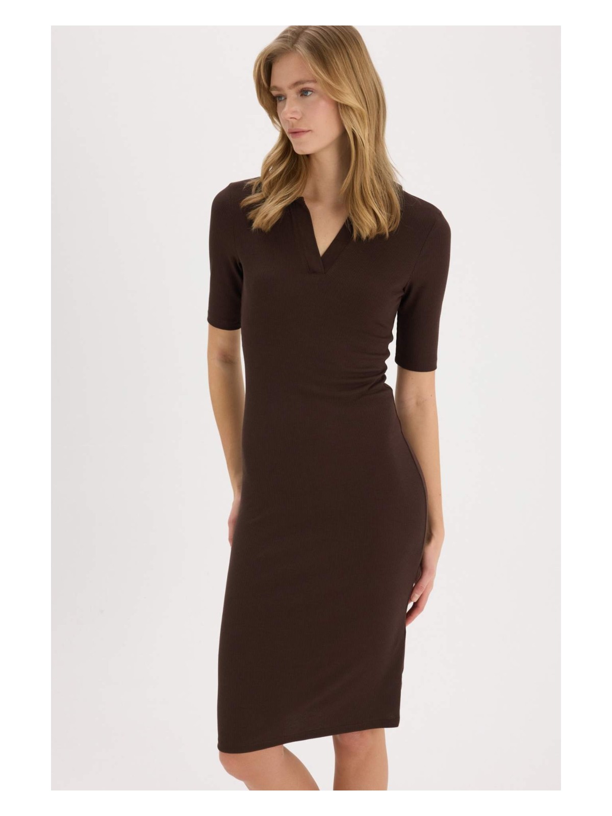 DeFacto Bodycon Vücudu Saran Polo Yaka Fitilli Kaşkorse Kısa Kollu Midi Elbise E6806AX25SP - Görsel 4