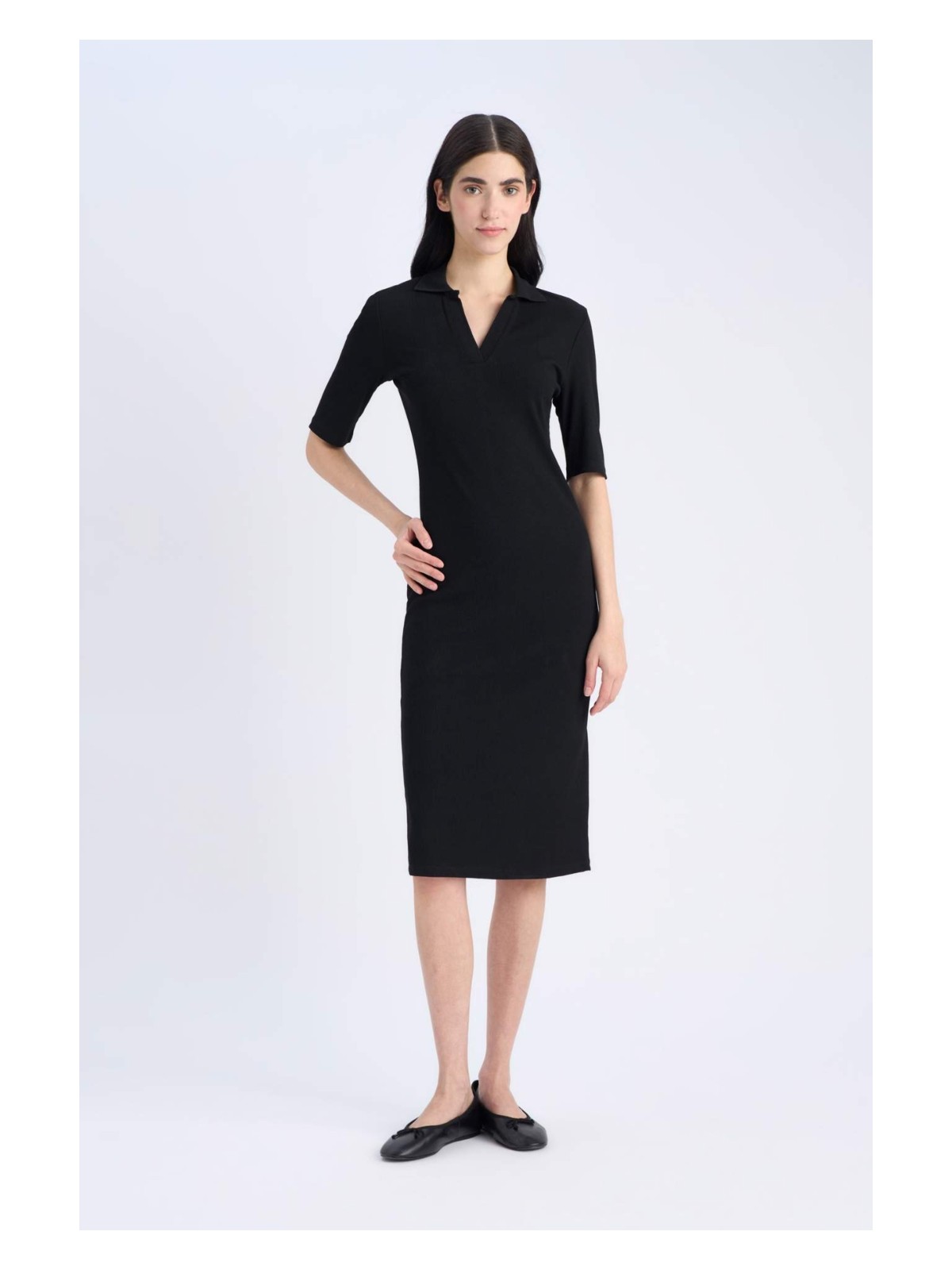 DeFacto Bodycon Vücudu Saran Polo Yaka Fitilli Kaşkorse Kısa Kollu Midi Elbise E6806AX25SP