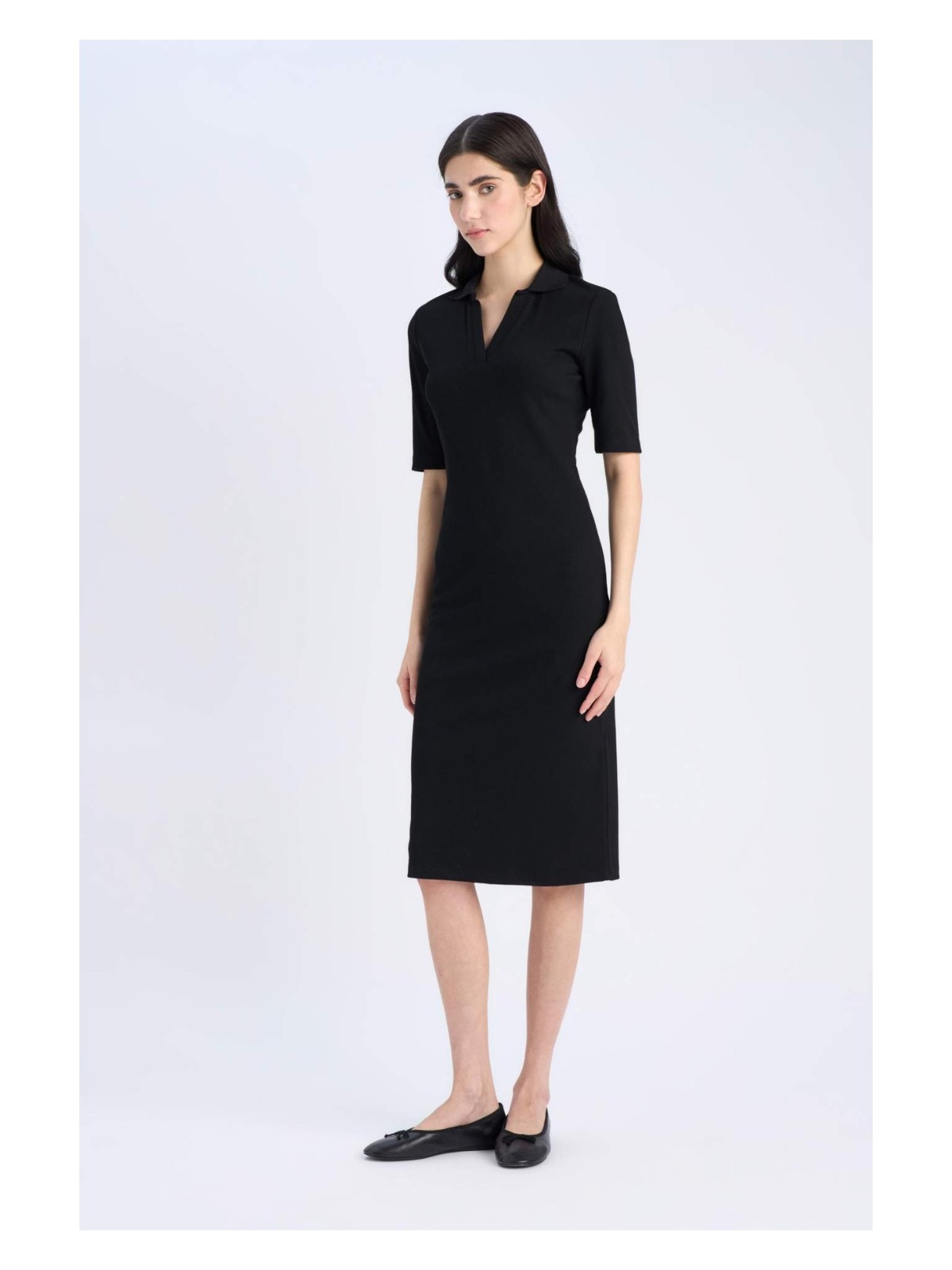 DeFacto Bodycon Vücudu Saran Polo Yaka Fitilli Kaşkorse Kısa Kollu Midi Elbise E6806AX25SP - Görsel 2
