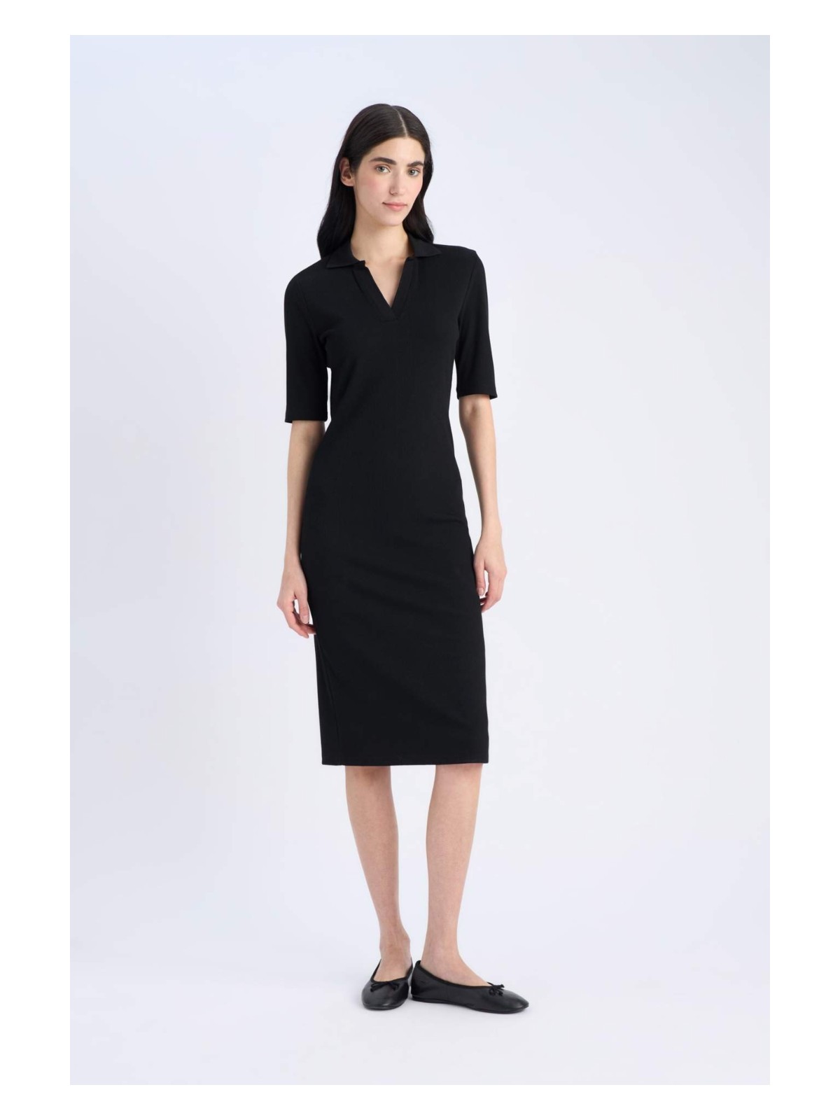 DeFacto Bodycon Vücudu Saran Polo Yaka Fitilli Kaşkorse Kısa Kollu Midi Elbise E6806AX25SP - Görsel 3
