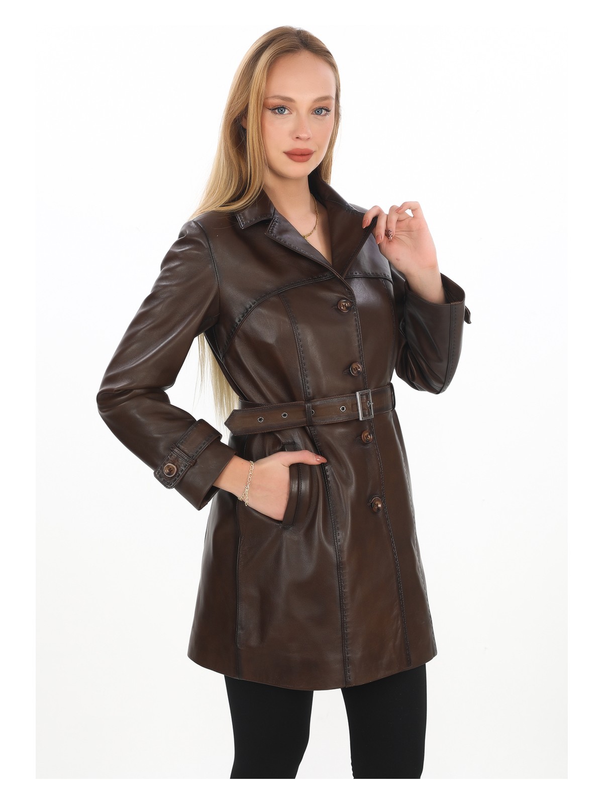 Deriburada Kadın Puntolu Kemerli Deri Trençkot - Görsel 4