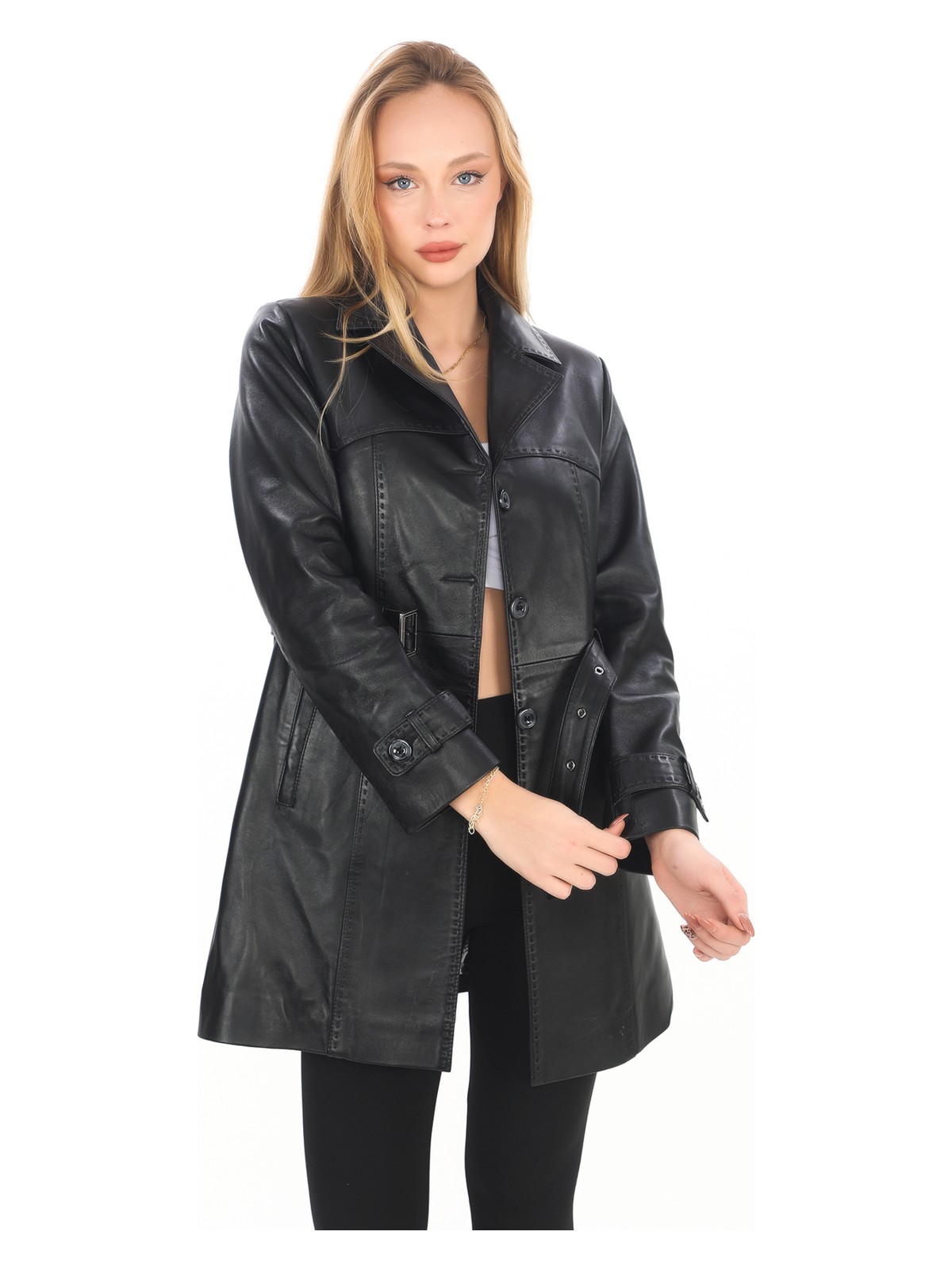 Deriburada Kadın Puntolu Kemerli Deri Trençkot