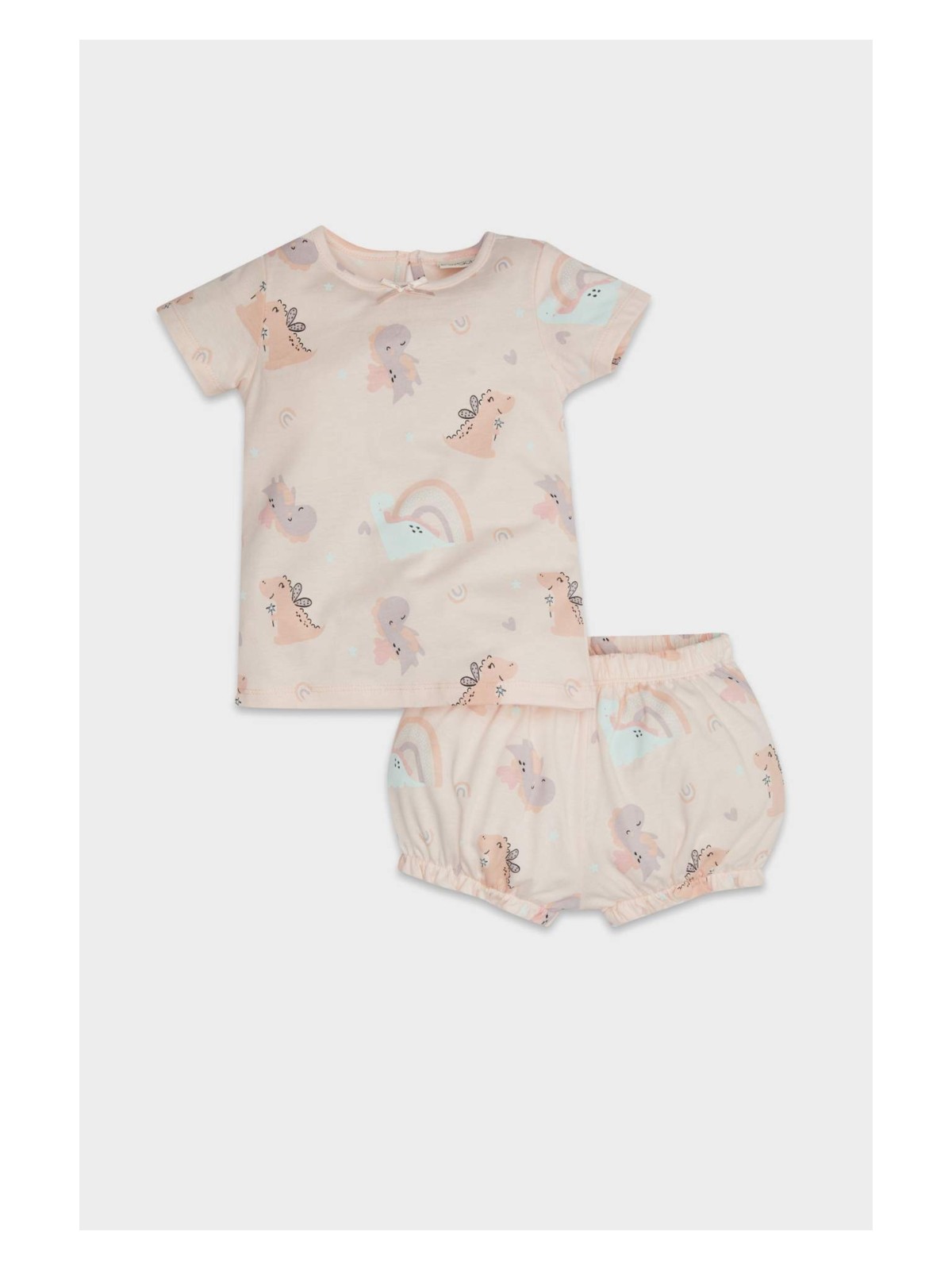 DeFacto Pijama Takımı Dinozor Baskılı Kısa Kollu Penye Üst Beli Lastikli Şort Kız Bebek D8295A5NS