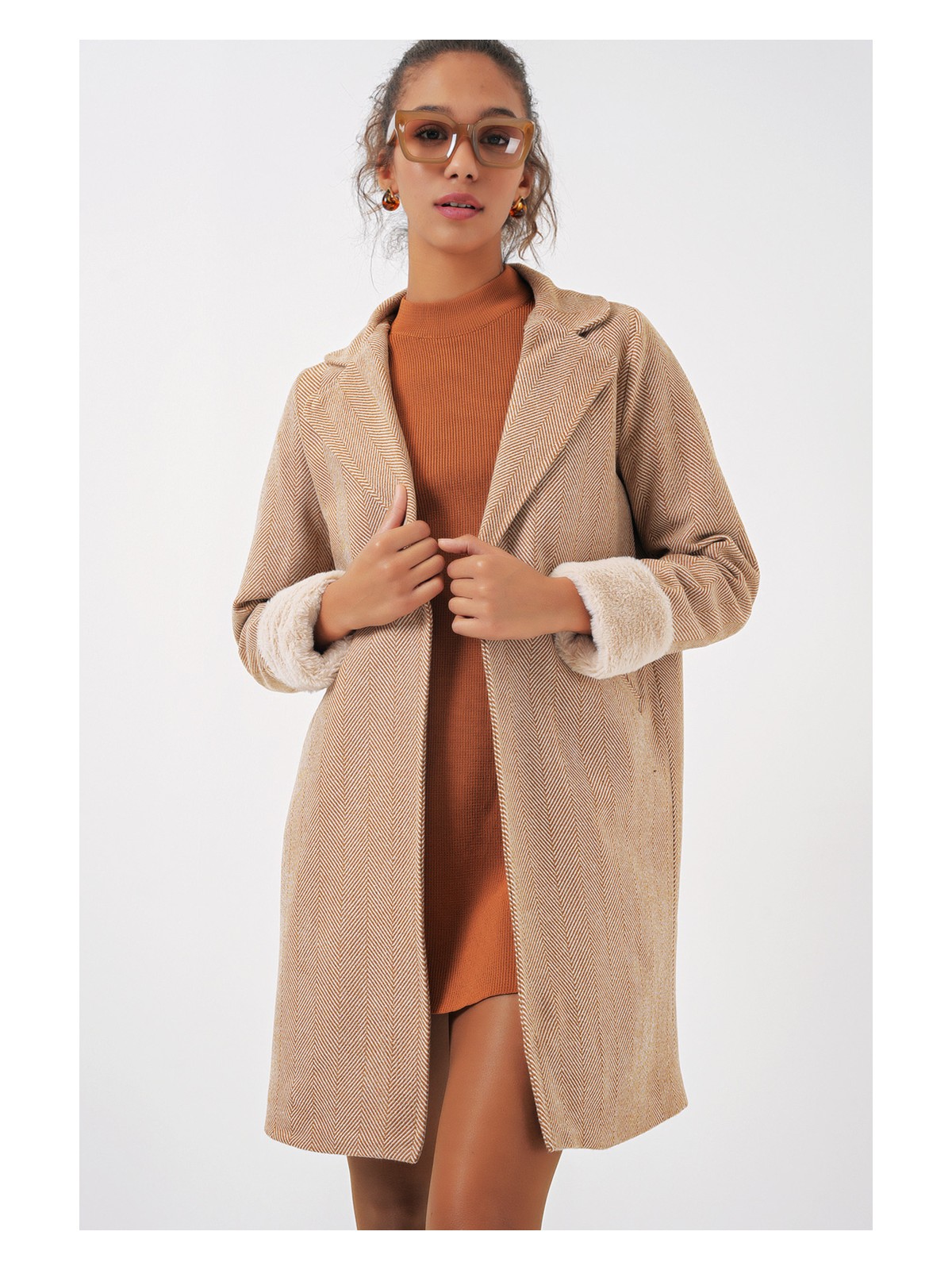 Bigdart 9085 Balık Sırtı Kaşe Kaban - M. Krem - Görsel 3