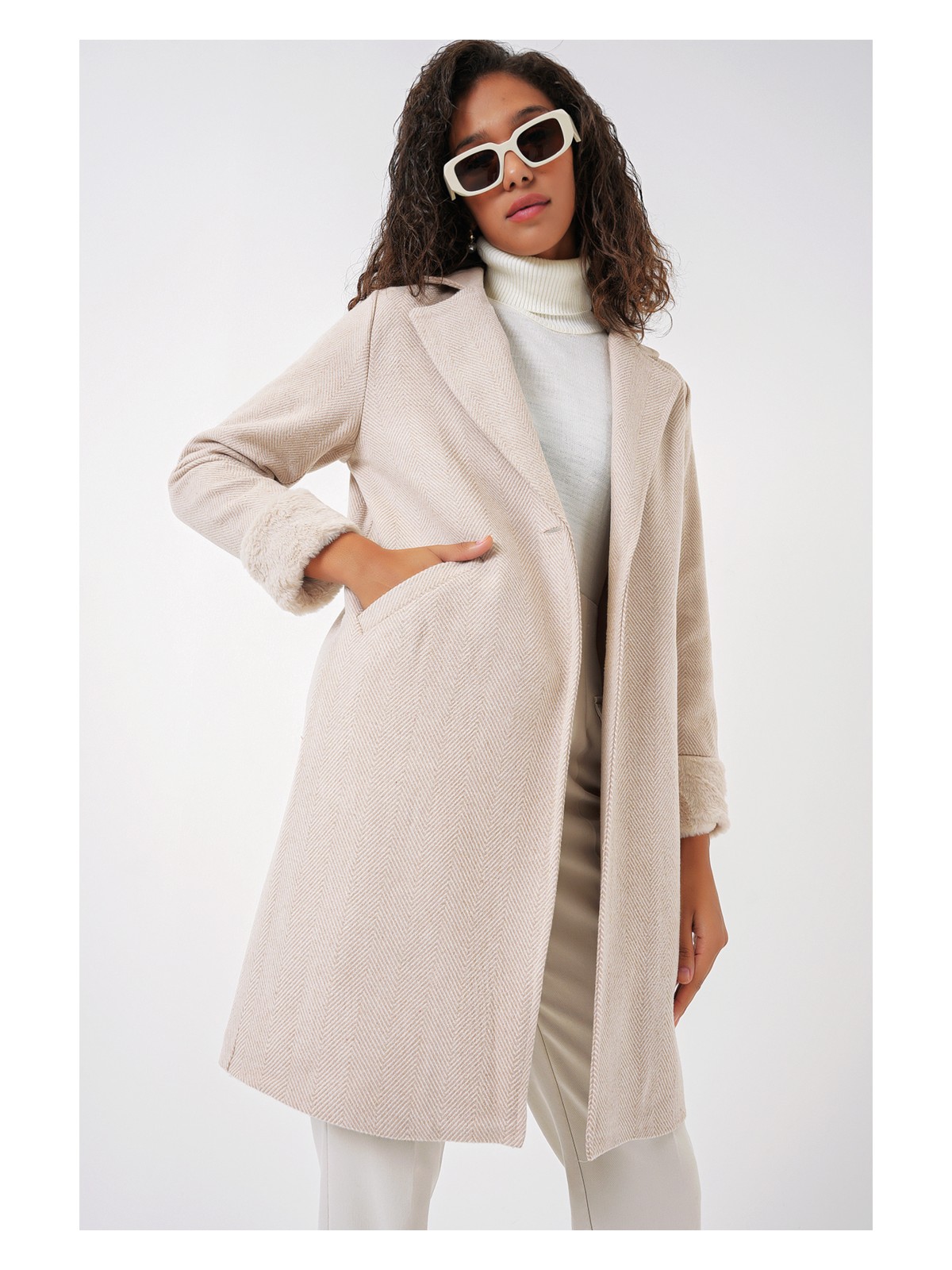 Bigdart 9085 Balık Sırtı Kaşe Kaban - M. Krem - Görsel 5