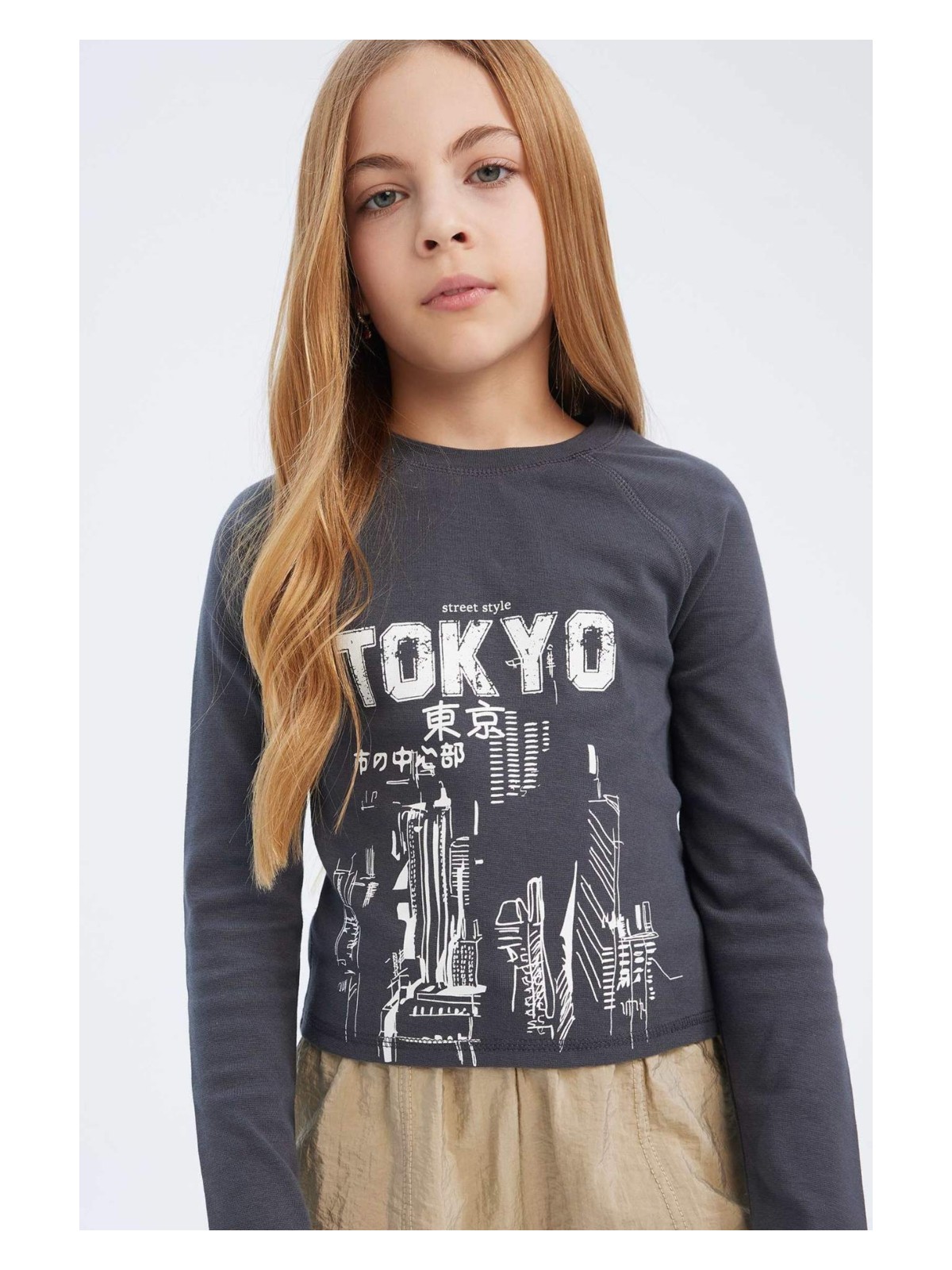 DeFacto Bisiklet Yaka Baskılı Kaşkorse Uzun Kollu Tişört Kız Çocuk E0458A825SP