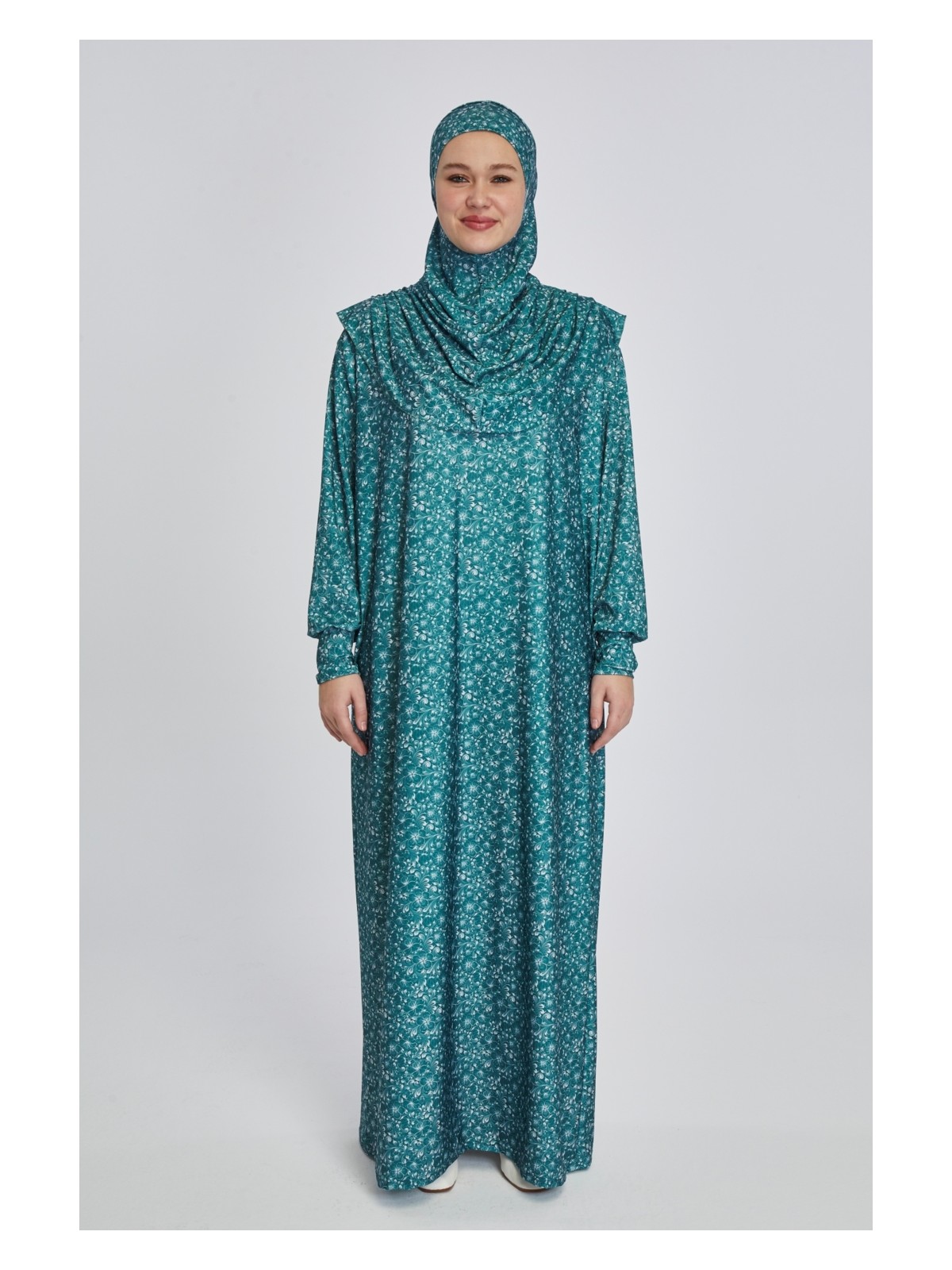 Manolyaşal İslamic Hijab Pratik Tek Parça Çiçek Desenli Namaz Elbisesi - Lacivert - Görsel 3