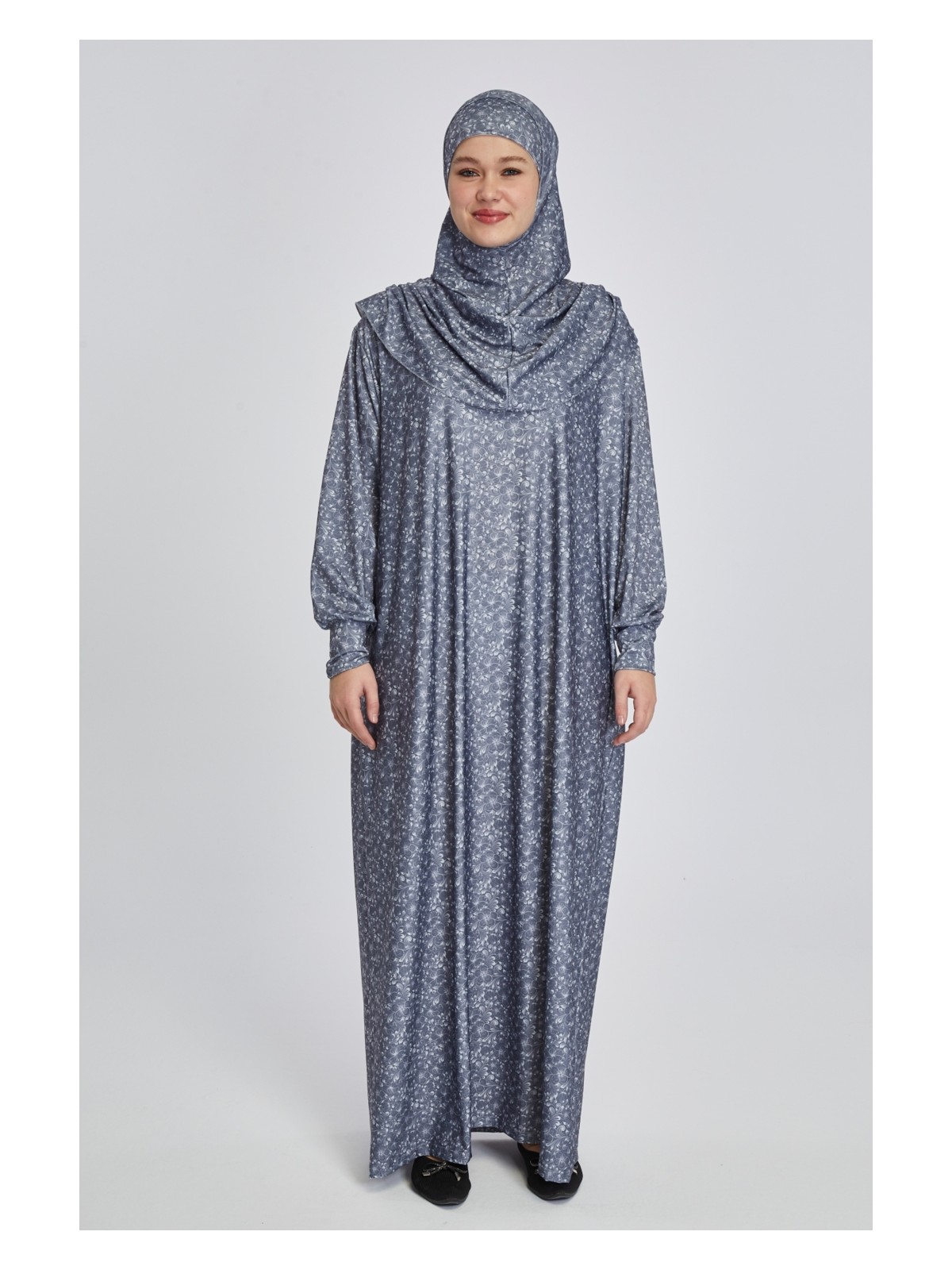 Manolyaşal İslamic Hijab Pratik Tek Parça Çiçek Desenli Namaz Elbisesi - Lacivert - Görsel 4