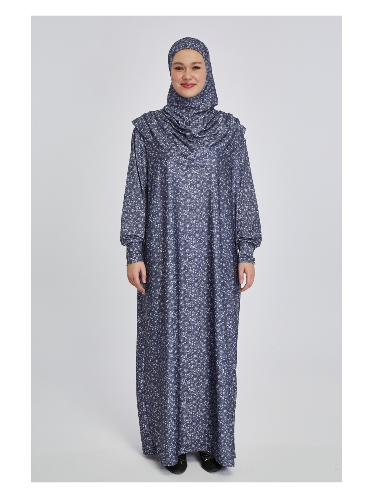 Manolyaşal İslamic Hijab Pratik Tek Parça Çiçek Desenli Namaz Elbisesi - Lacivert