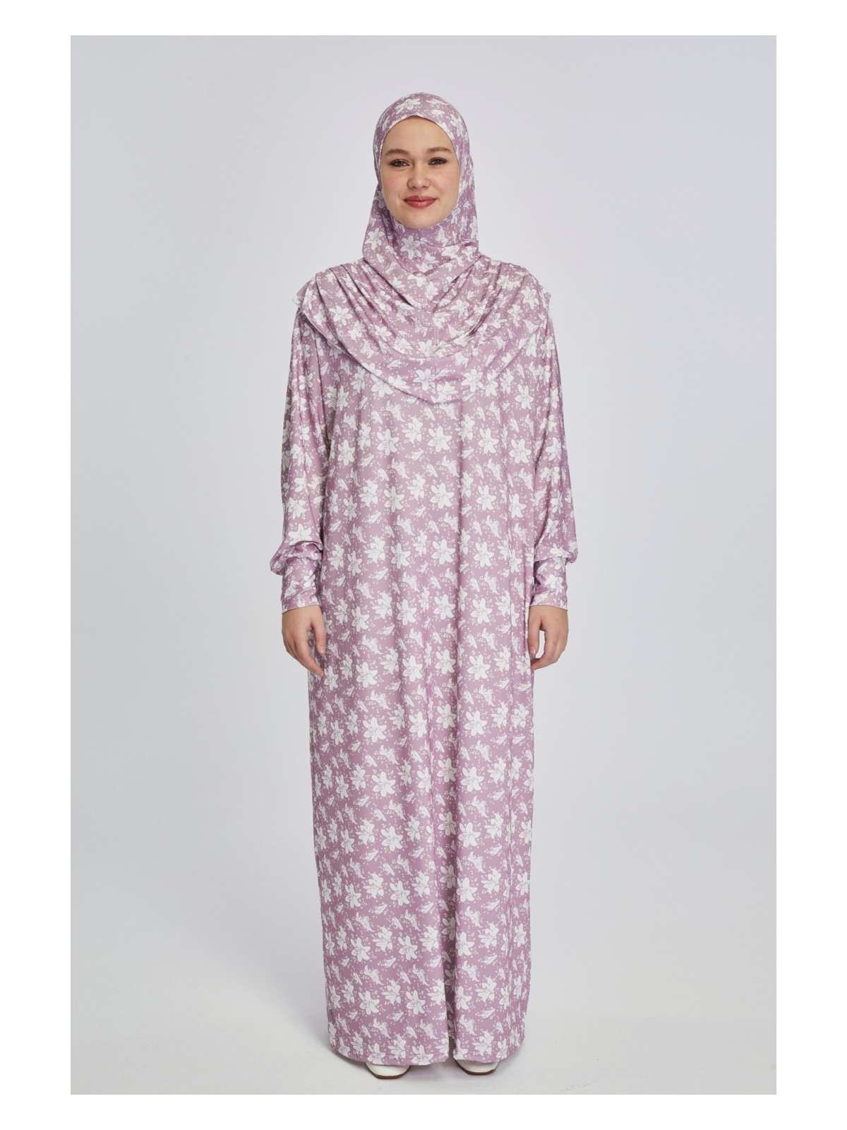 Manolyaşal İslamic Hijab Manolyaşal Pratik Tek Parça Manolya Çiçek Desenli Namaz Elbisesi - Pembe