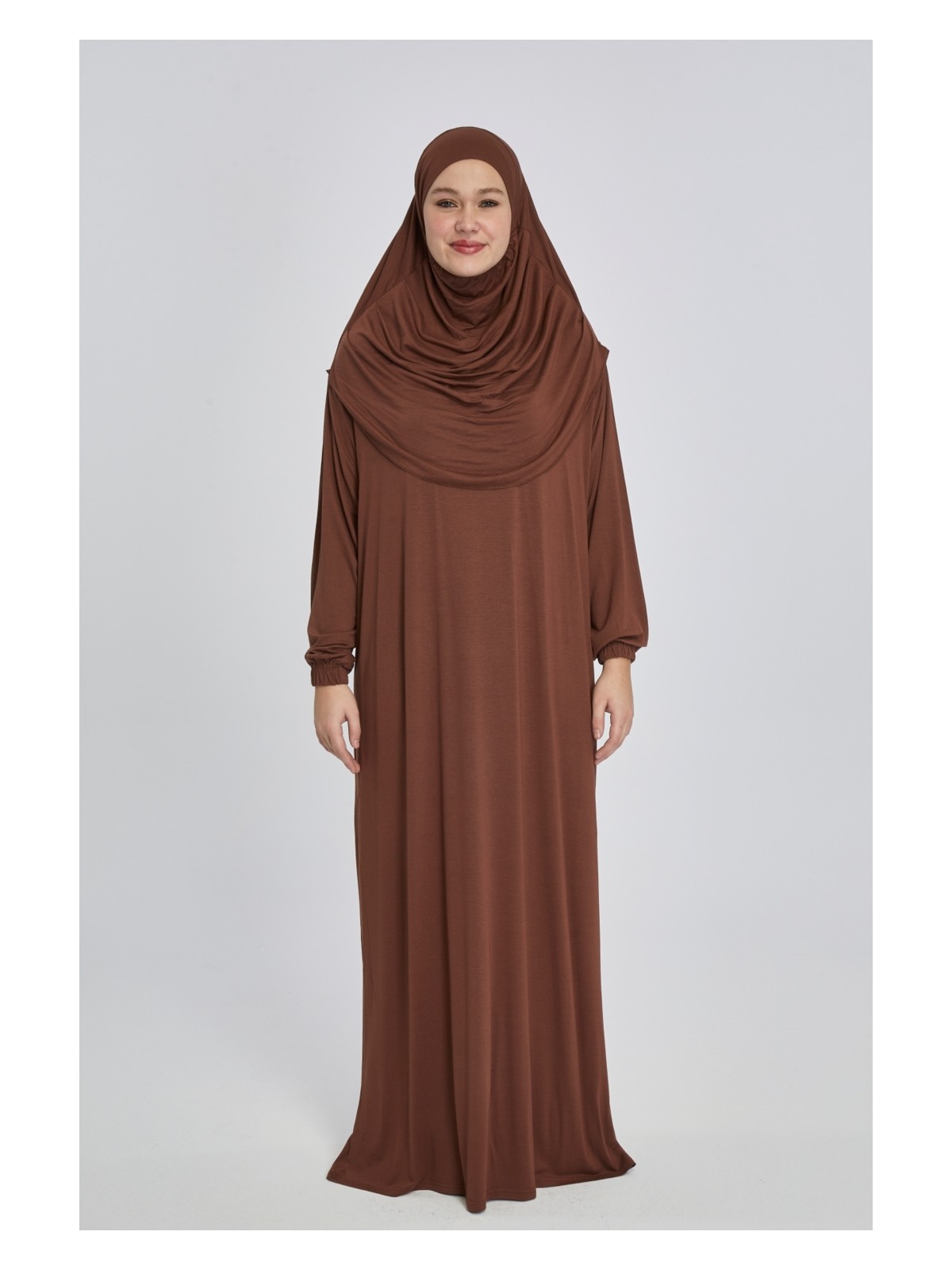 Manolyaşal İslamic Hijab Manolyaşal Pratik Başörtülü Rahat Giyilebilen Organik Tek Parça Namaz Elbisesi - Çikolata