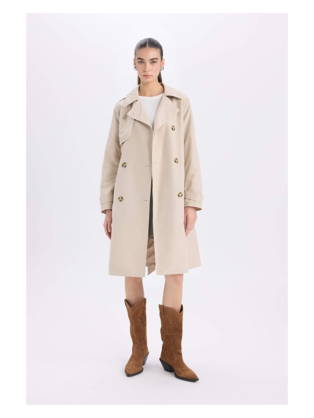 DeFacto Su Geçirmez Mevsimlik Trençkot Kruvaze Yaka Düğmeli Cepli Kemerli Apoletli A0593AX25SP