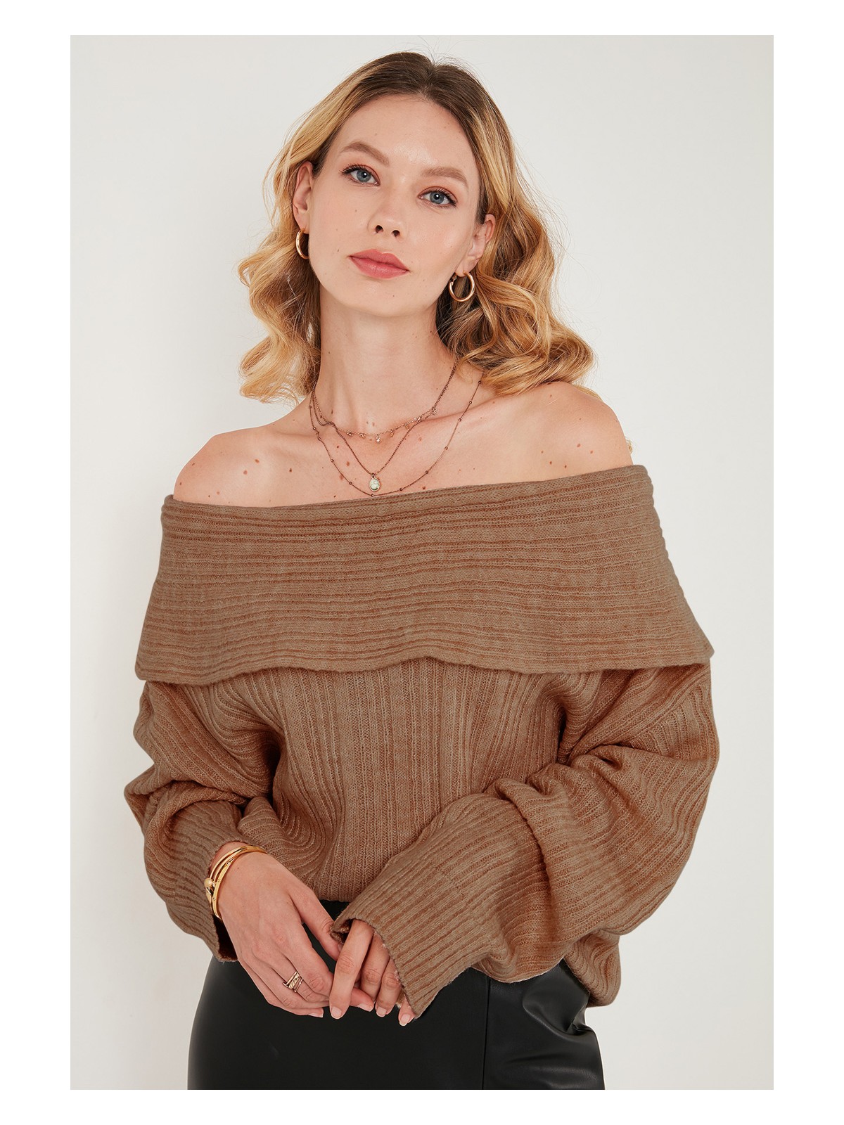 Lela Oversize Fit Madonna Yaka Triko Kazak Bayan KAZAK 4615216 - Görsel 5