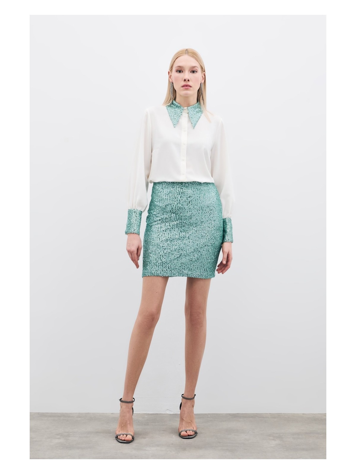 Sateen Payetli Mini Etek - Kırmızı - Görsel 6