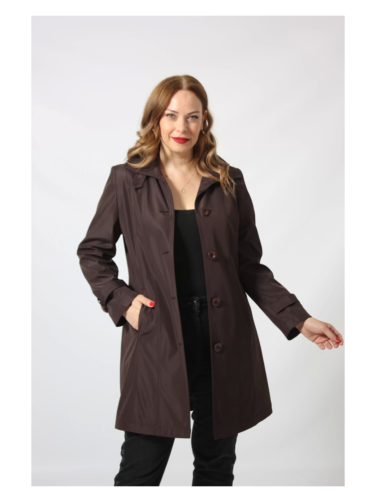 Moda Berray 1671 Kolu Düğme Detaylı Uzun Kapişonlu Taş Büyük Beden Kadın Ceket