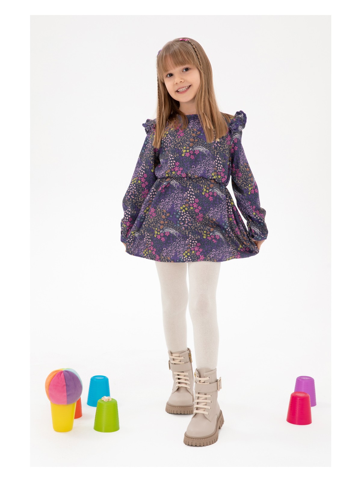 U.S. Polo Assn. Kız Çocuk Taş Çiçek Desenli Fırfırlı Dokuma Elbise 50297429-VR049 - Görsel 4