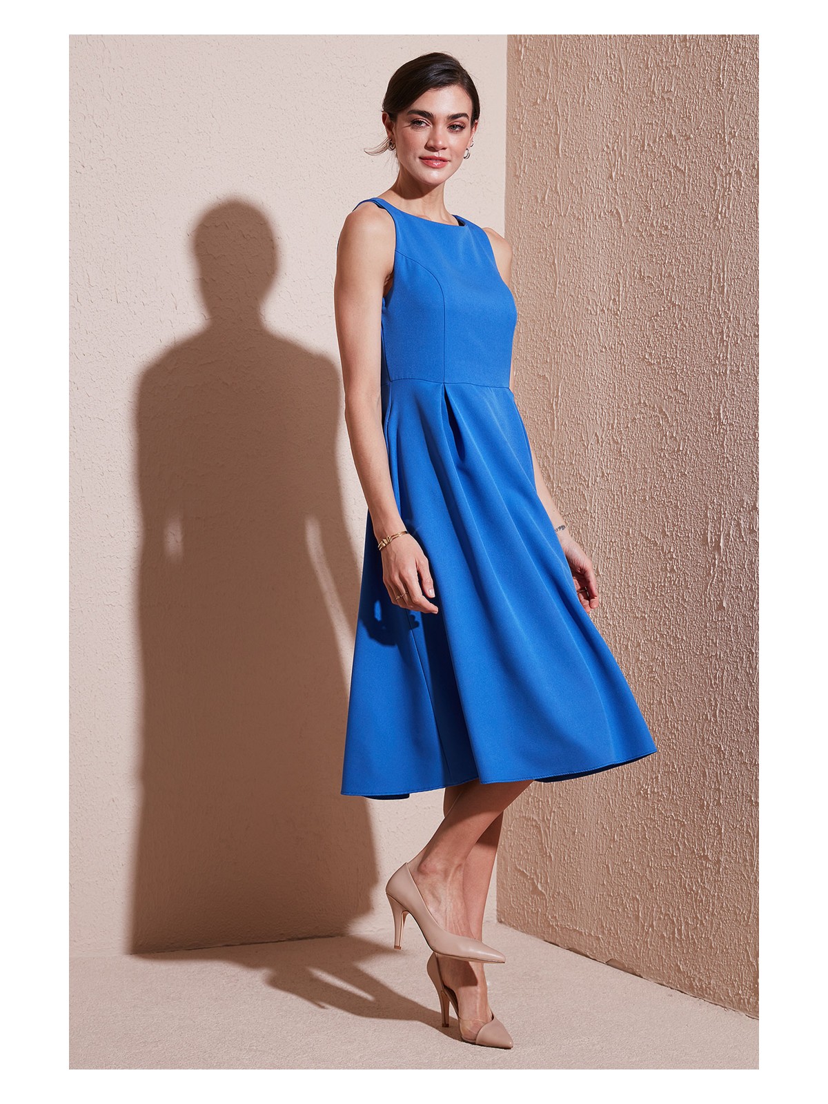 Lela Bisiklet Yaka Regular Fit Cepli Pileli Midi Elbise Kadın Elbise 6051963 - Görsel 5