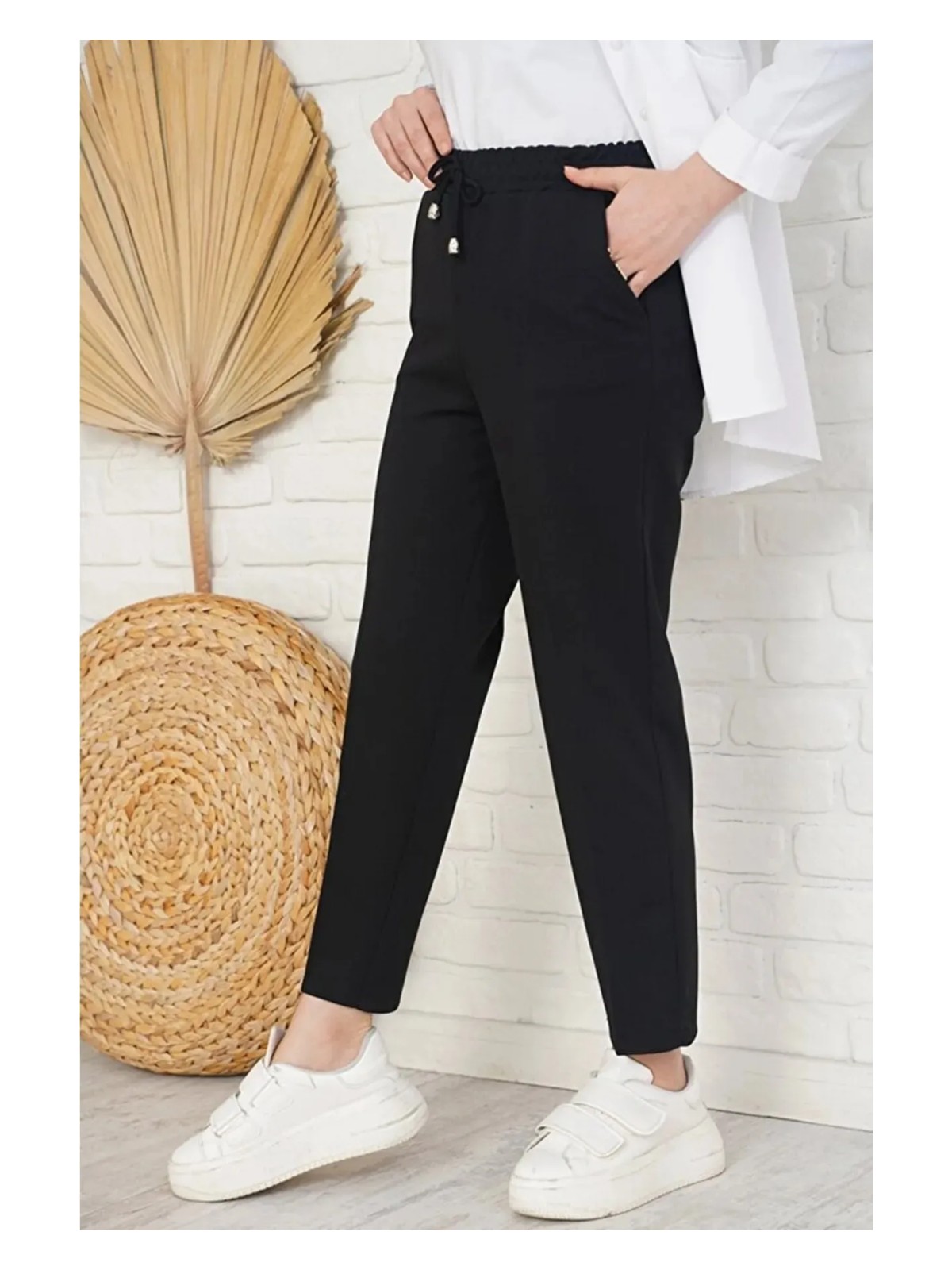 Memetti M Şekil Kadın Büyük Beden Siyah Havuç Paça Pantolon