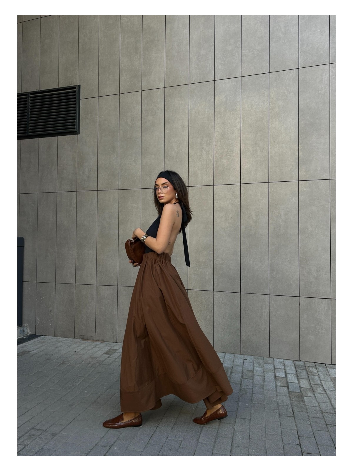 Minaaise Kahve Poplin Beli Lastikli Uzun Etek 27321