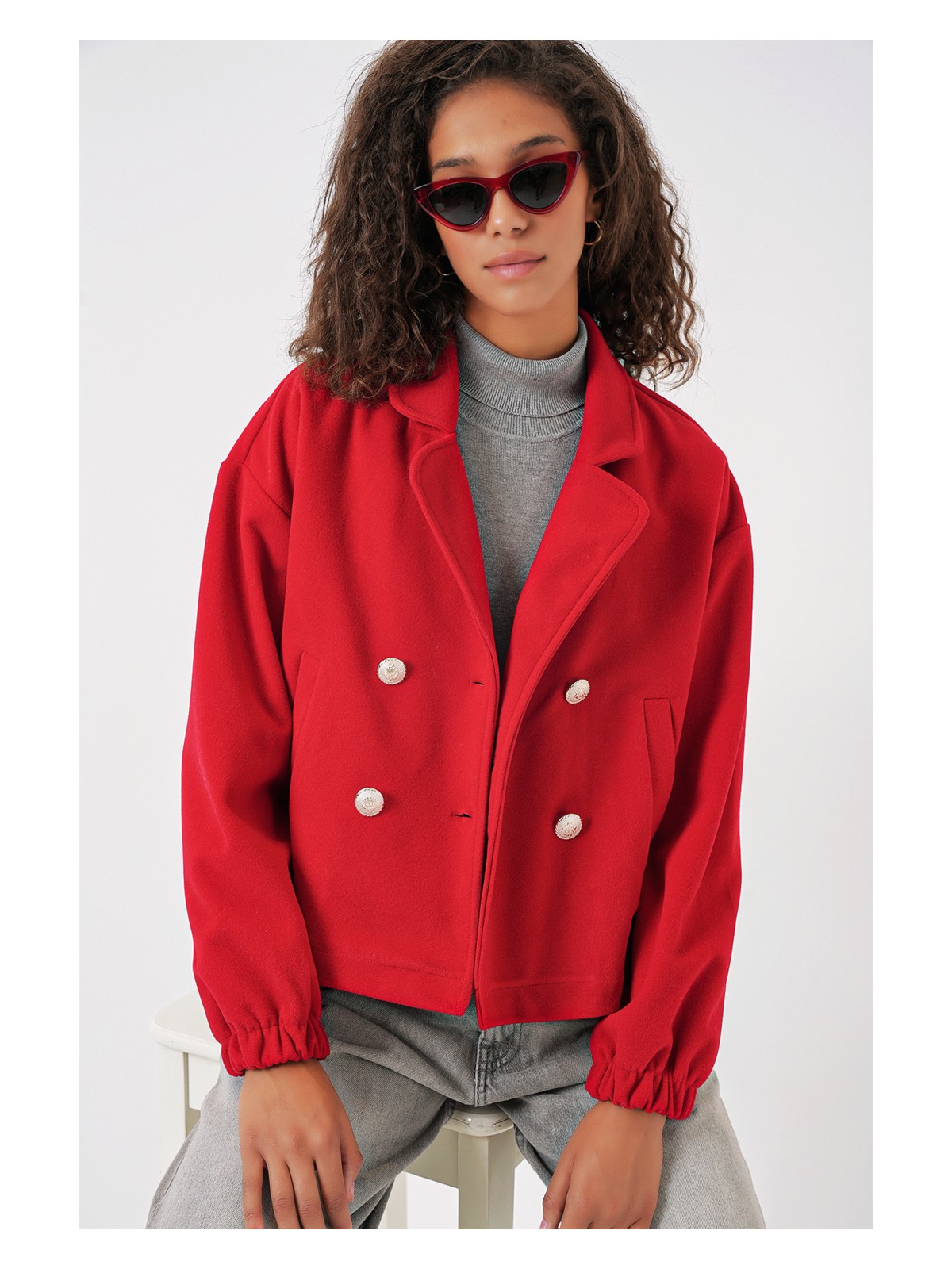 Bigdart 9117 Kruvaze Yaka Crop Ceket - Kırmızı