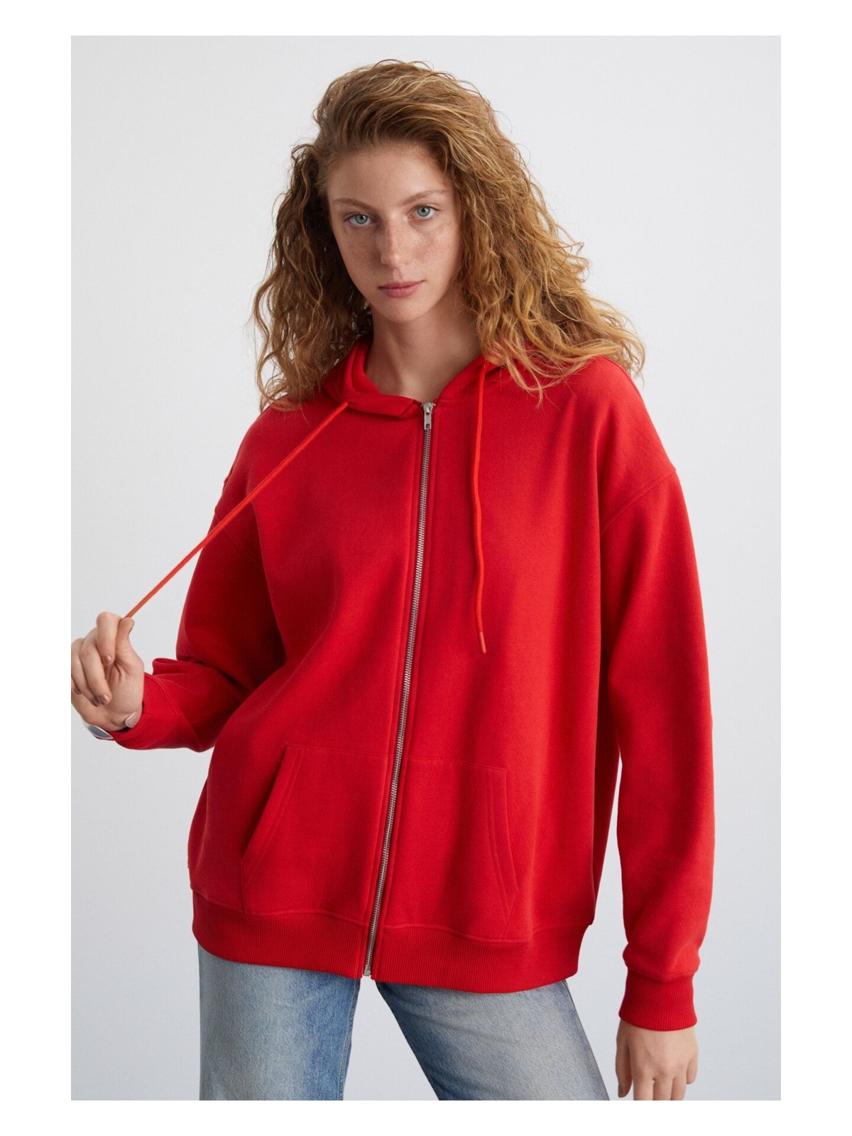 Grimelange Alena Kadın Basic Kanguru Cepli Oversize Organik Pamuk Fermuarlı Kapüşonlu Saks Mavi Sweatshirt - Görsel 5