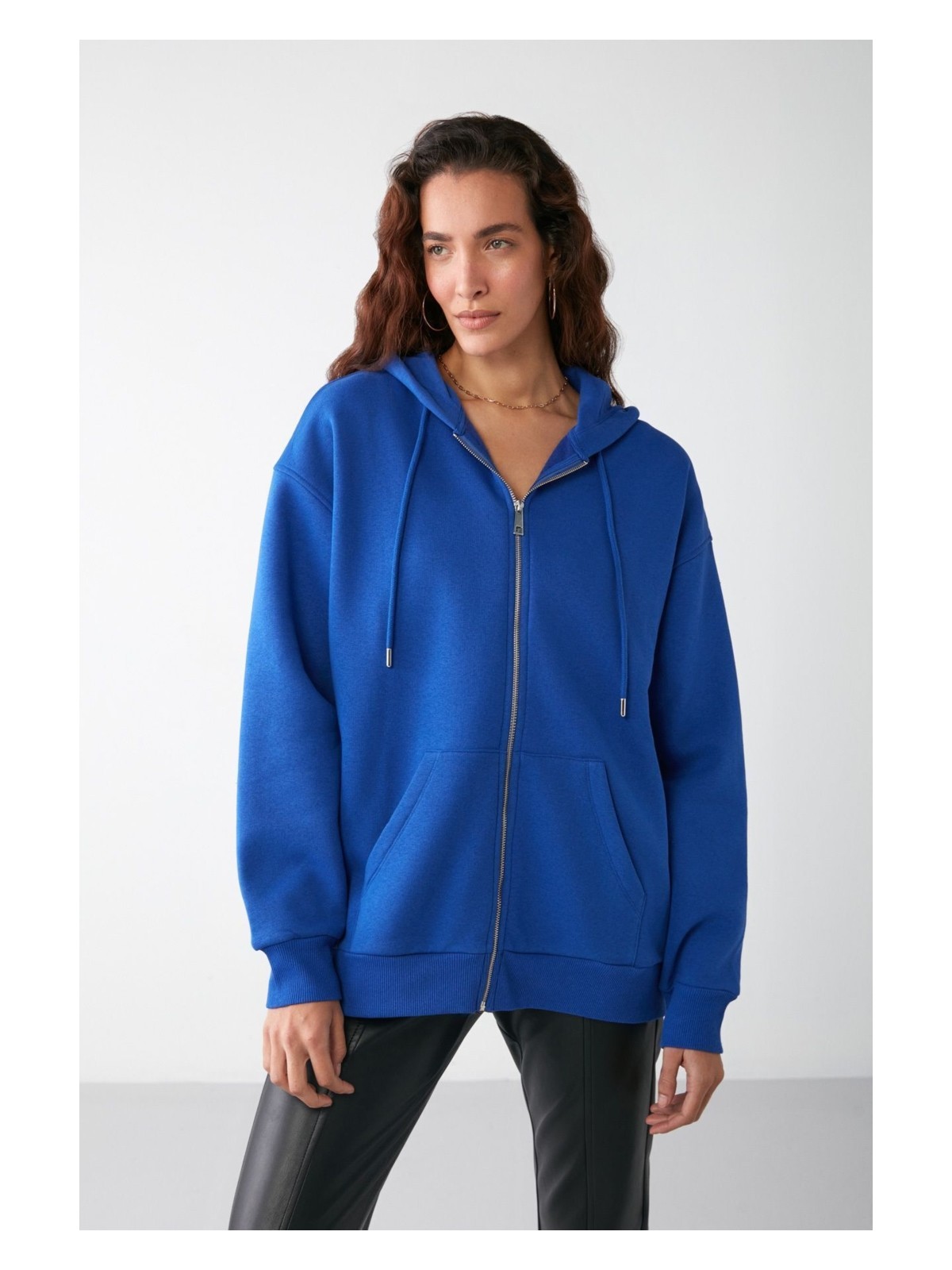 Grimelange Alena Kadın Basic Kanguru Cepli Oversize Organik Pamuk Fermuarlı Kapüşonlu Saks Mavi Sweatshirt