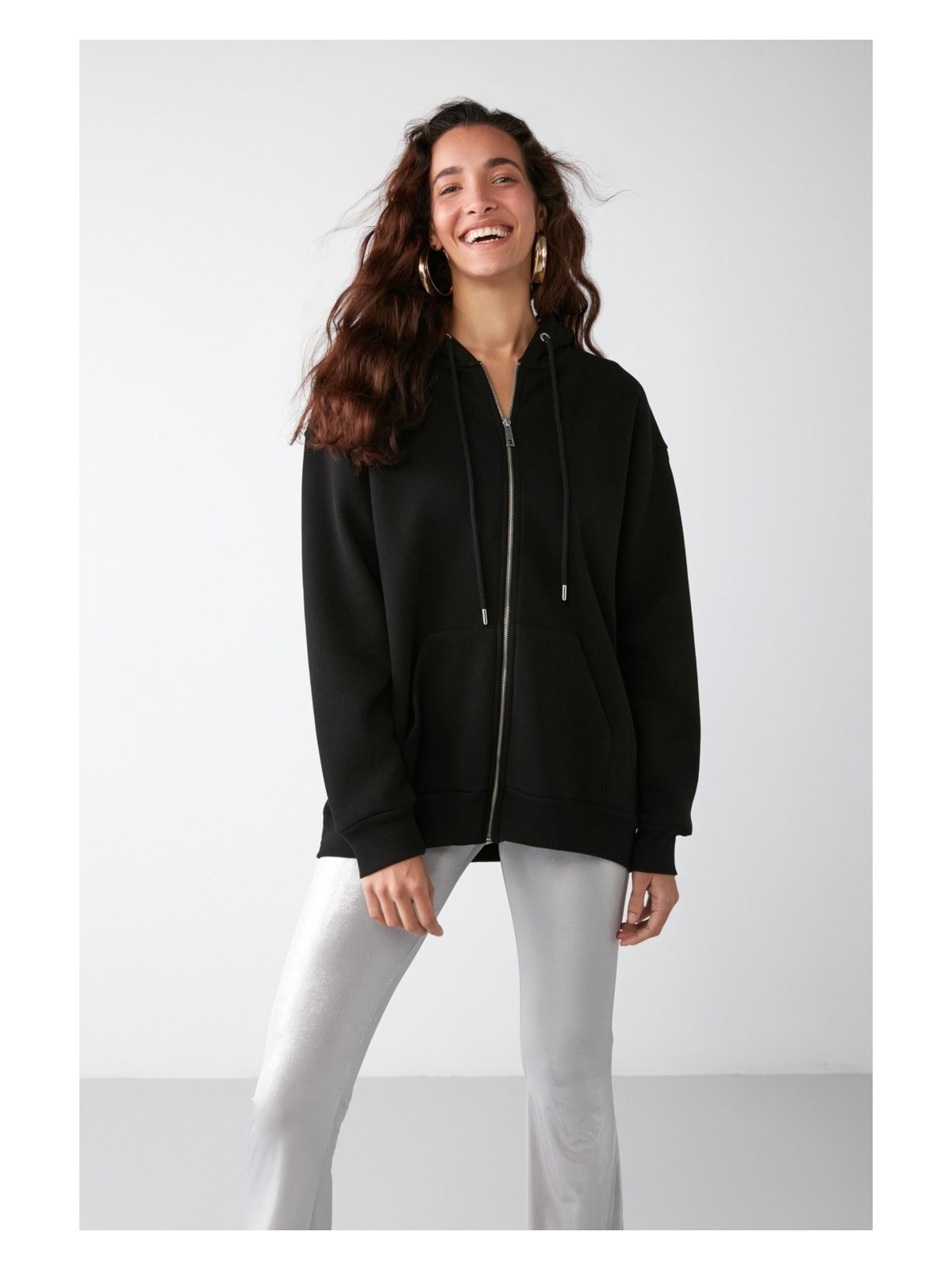 Grimelange Alena Kadın Basic Kanguru Cepli Oversize Organik Pamuk Fermuarlı Kapüşonlu Saks Mavi Sweatshirt - Görsel 4