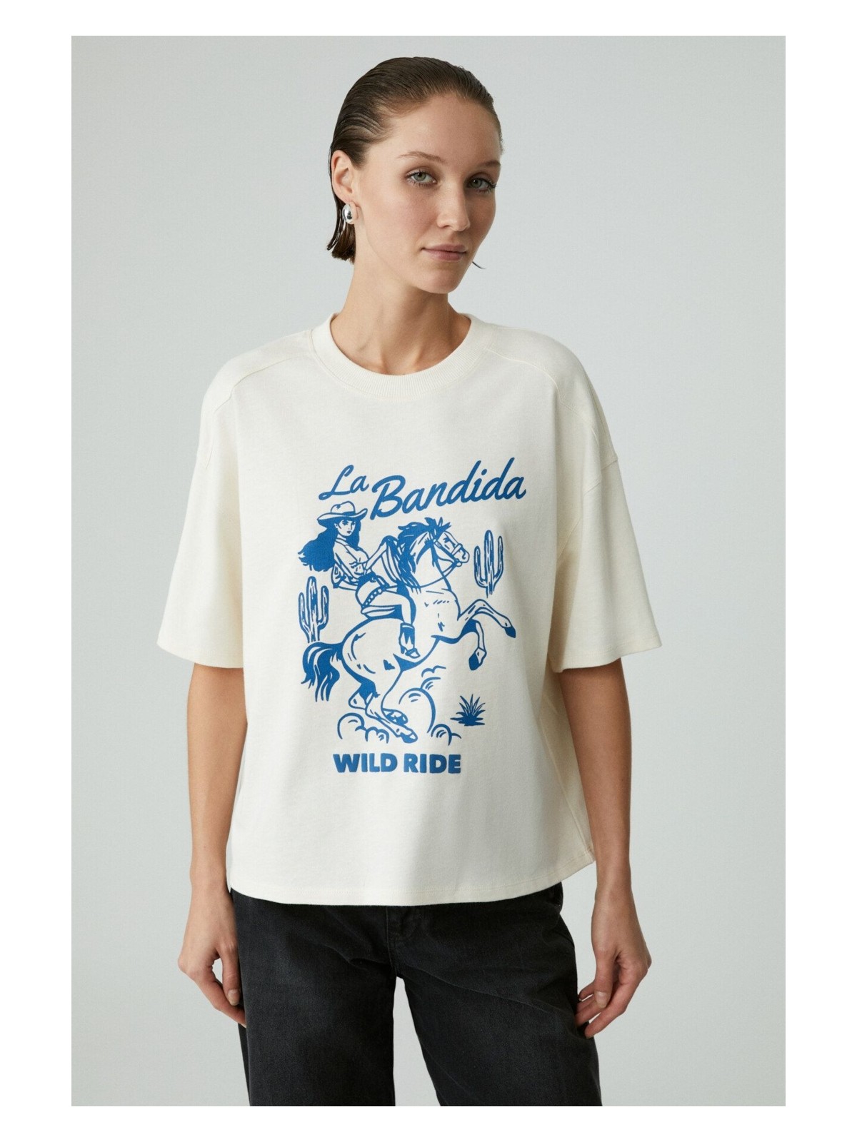 Grimelange BERRIE Kadın Regular Baskılı Yuvarlak Yaka Ekru T-Shirt