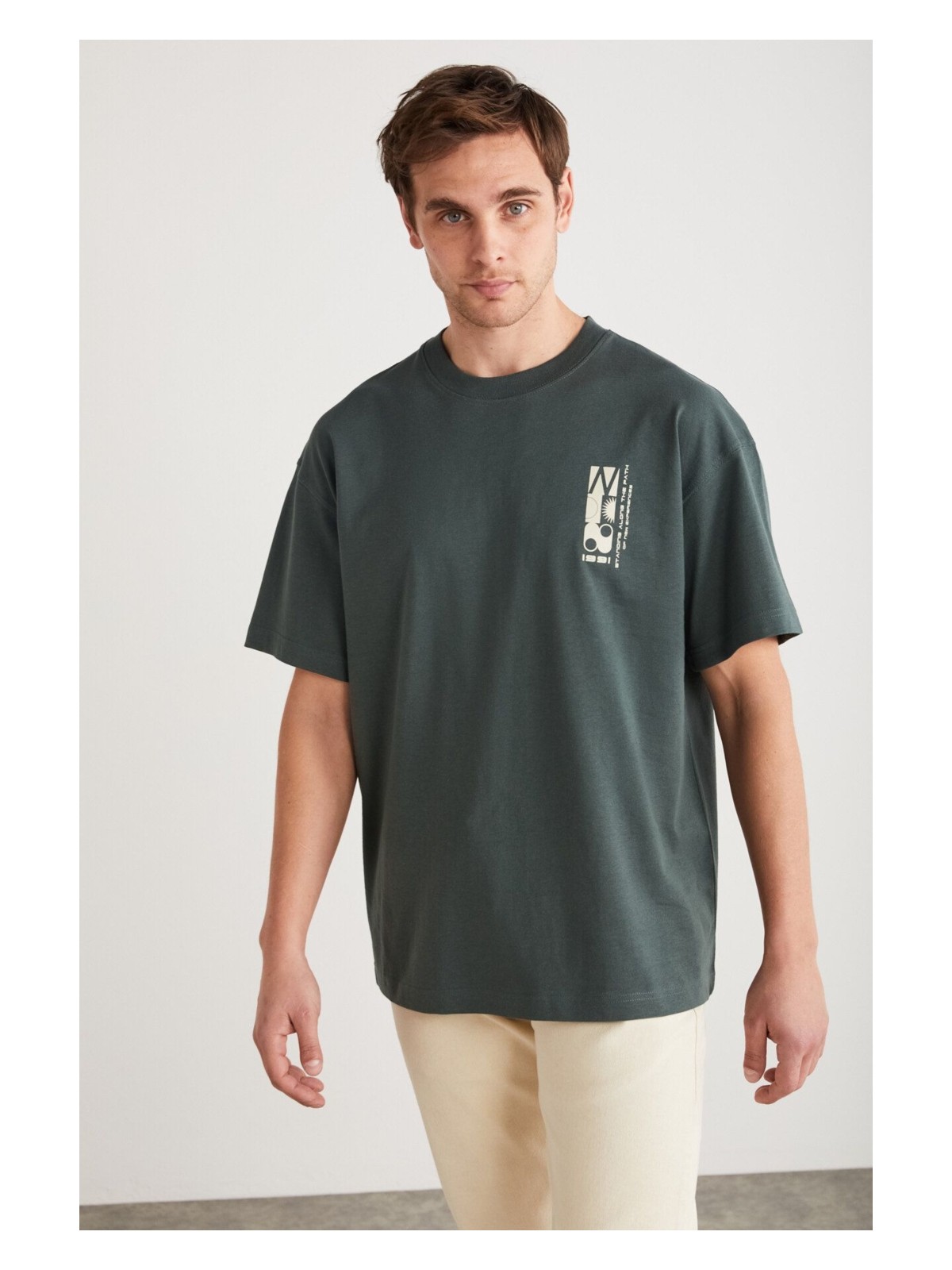 Grimelange Antonıo Erkek Baskı Detaylı %100 Organik Pamuk Örme Oversize Yeşil T-shirt