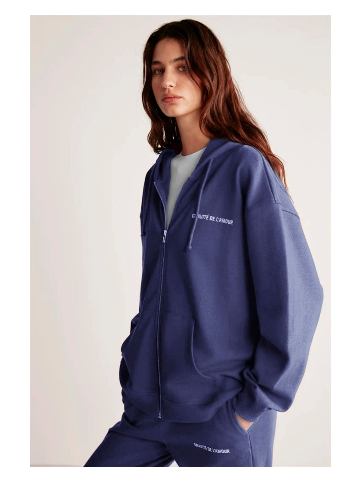 Grimelange Ametıs Kadın Oversize Organik Pamuklu Metal Fermuarlı Kapüşonlu Mavi Sweatshirt - Görsel 4