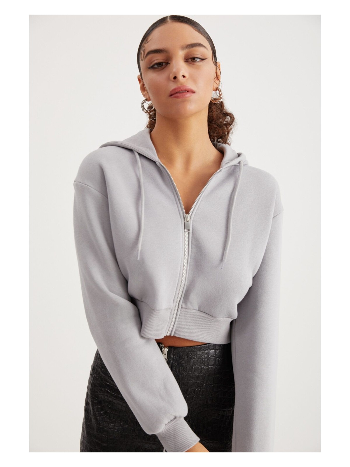 Grimelange Delıa Kadın Crop İçi Polarlı Fermuarlı Organik Pamuklu Kapüsonlu Kordonlu Bej Sweatshirt - Görsel 3