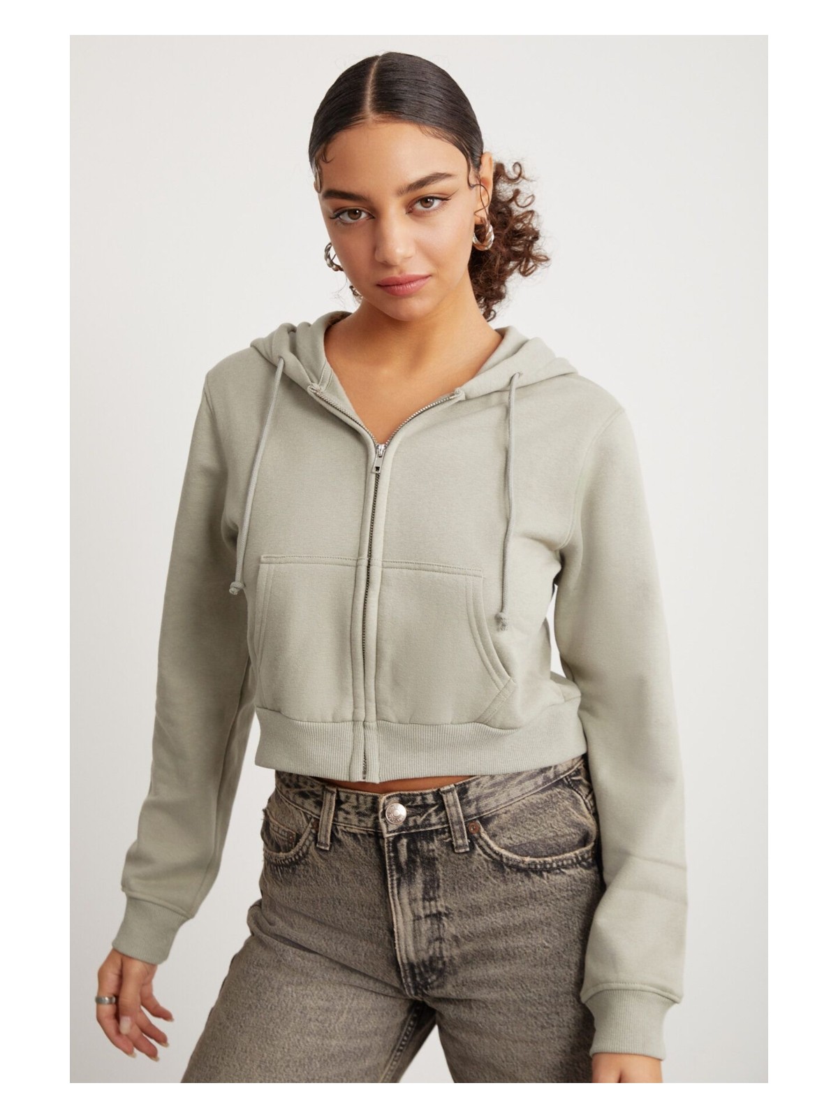 Grimelange Delıa Kadın Crop 3 Iplik Şardonlu Örme Relaxed Fit Fermuarlı Kapüşonlu Çağla Yeşili Sweatshirt