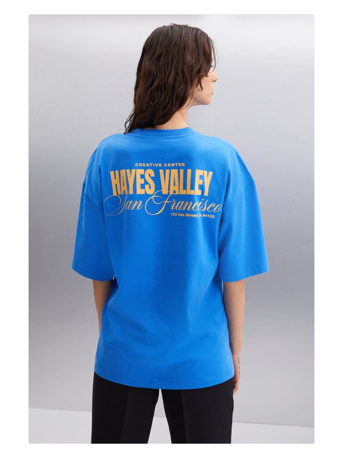 Grimelange Gıllıan Kadın Ön Ve Arka Baskı Detaylı Oversize &100 Organik Pamuklu Parlament Mavi T-shirt