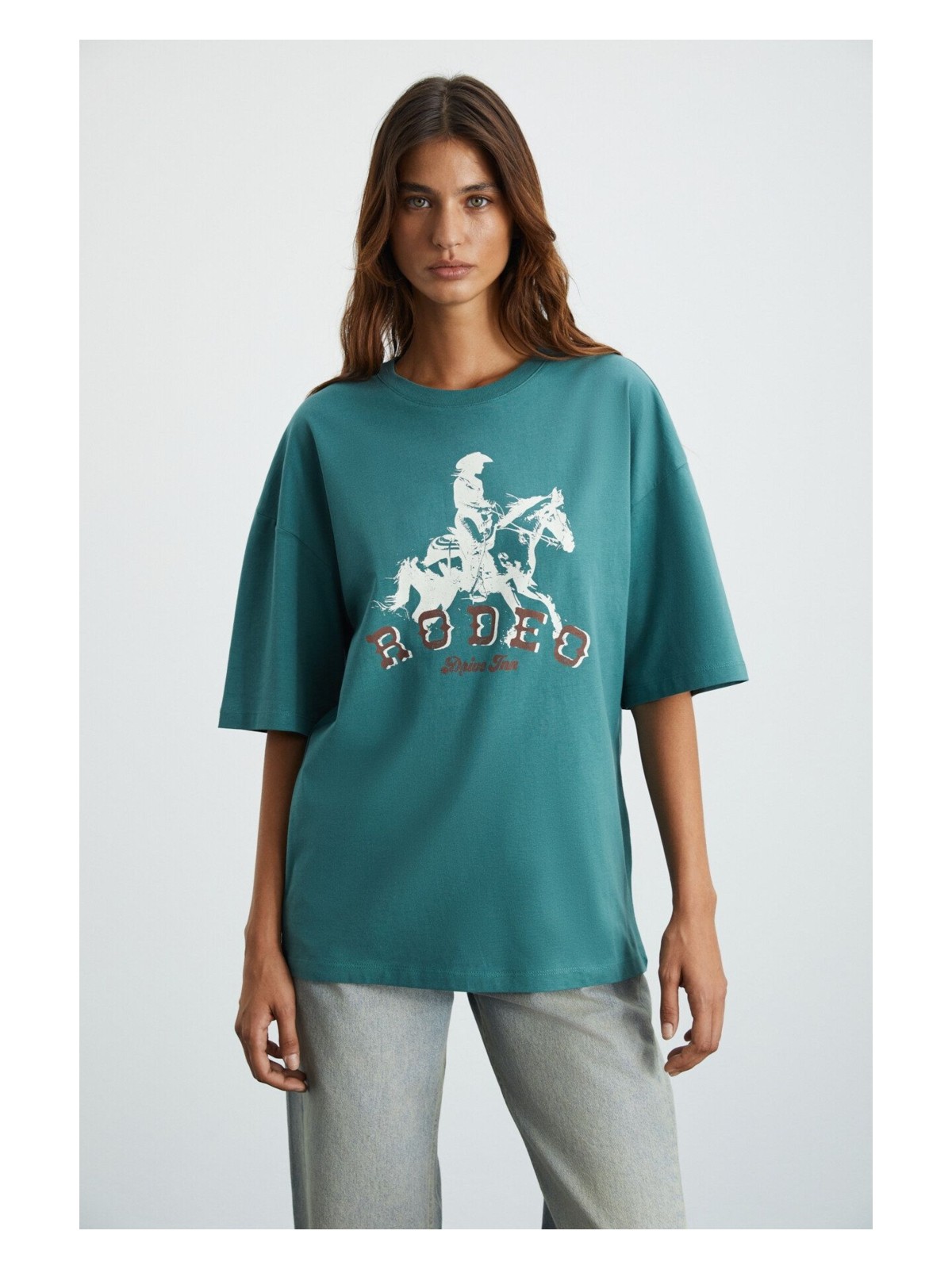 Grimelange Majer Kadın %100 Organik Pamuklu Western Tema Baskılı Regular Fit Krem T-shirt - Görsel 6